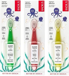 RADIUS Totz Toothbrush Extra Soft Brush BPA Free & ADA Accepted Designed for Delicate Teeth & Gums for Children 18 Months & Up - Green Coral Yellow - Pack of 3