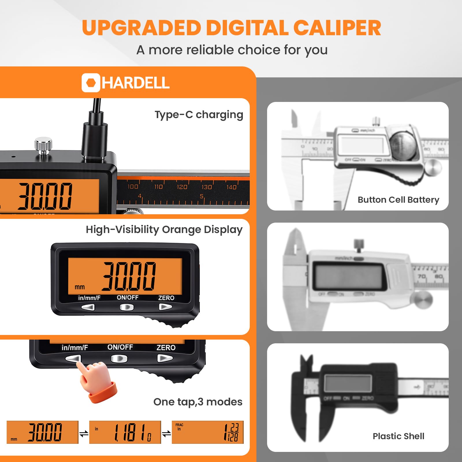 Calibrador digital de 6 pulgadas, recargable, con pantalla naranja grande (sin retroiluminación), de acero inoxidable, con apagado automático, mide en pulgadas, milímetros y fracciones para bricola