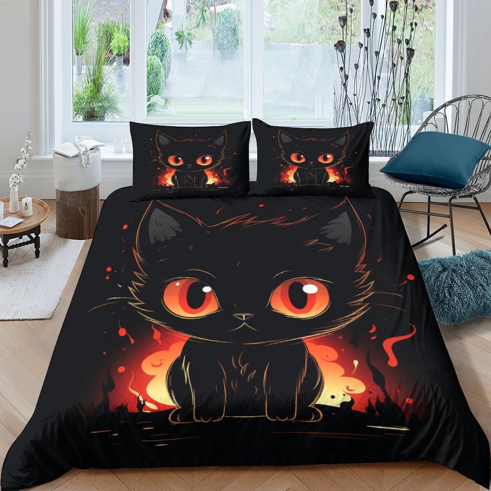 Cadeau parure de lit chat noir flamme double 200x200 cm pour passionnés