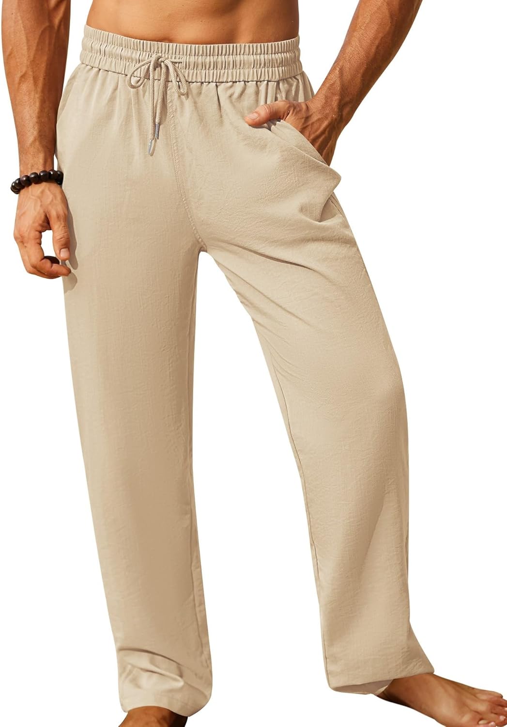 iWoo Mens Cotton Linen Drawstring Pants Elastic Waist Casual Jogger Yoga Pants