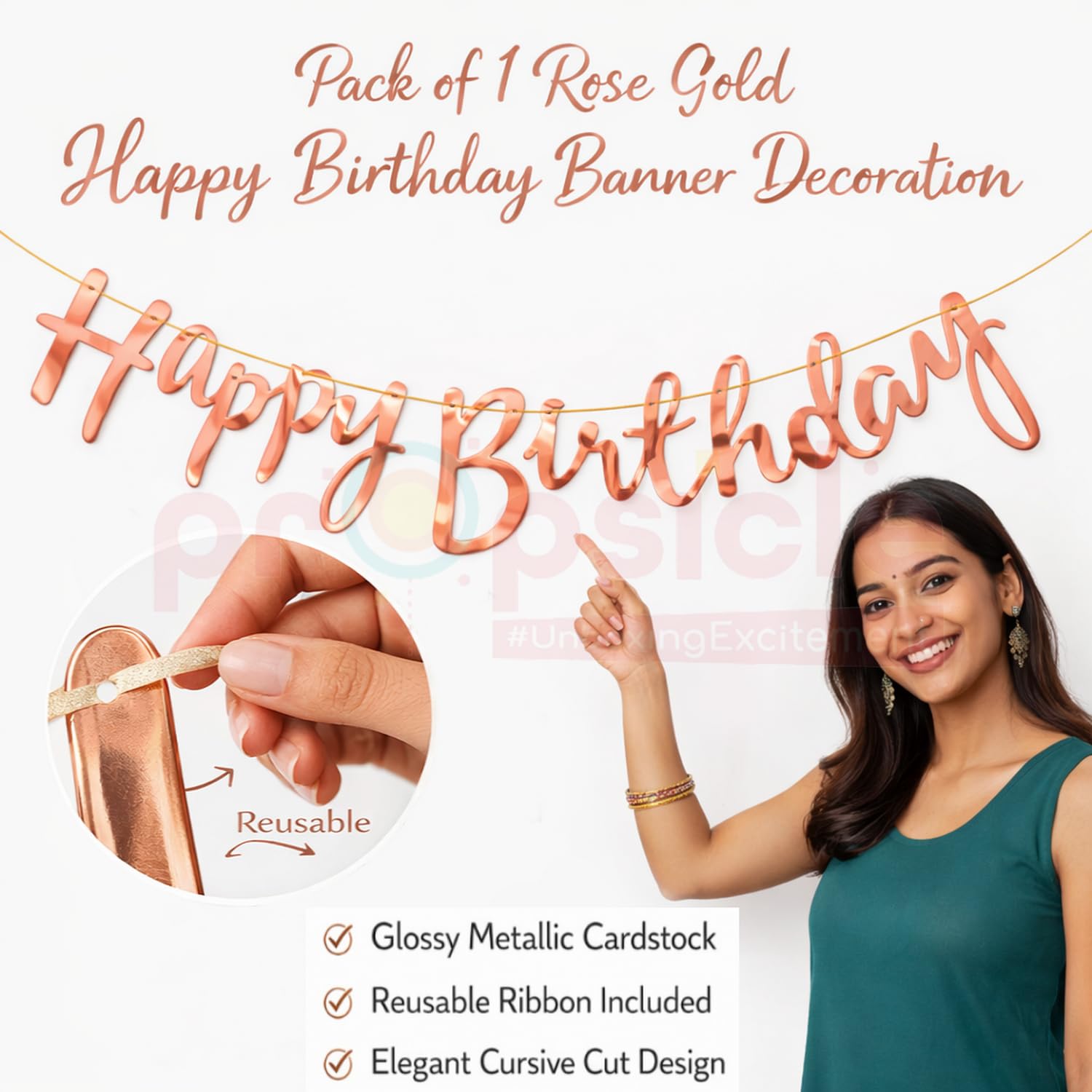 Propsicle Rose Gold Happy Birthday Banner - Glossy Cursive Cardstock Decoration with Ribbon, Reusable Wall Backdrop for Kids, Girls & Women Celebration Setup