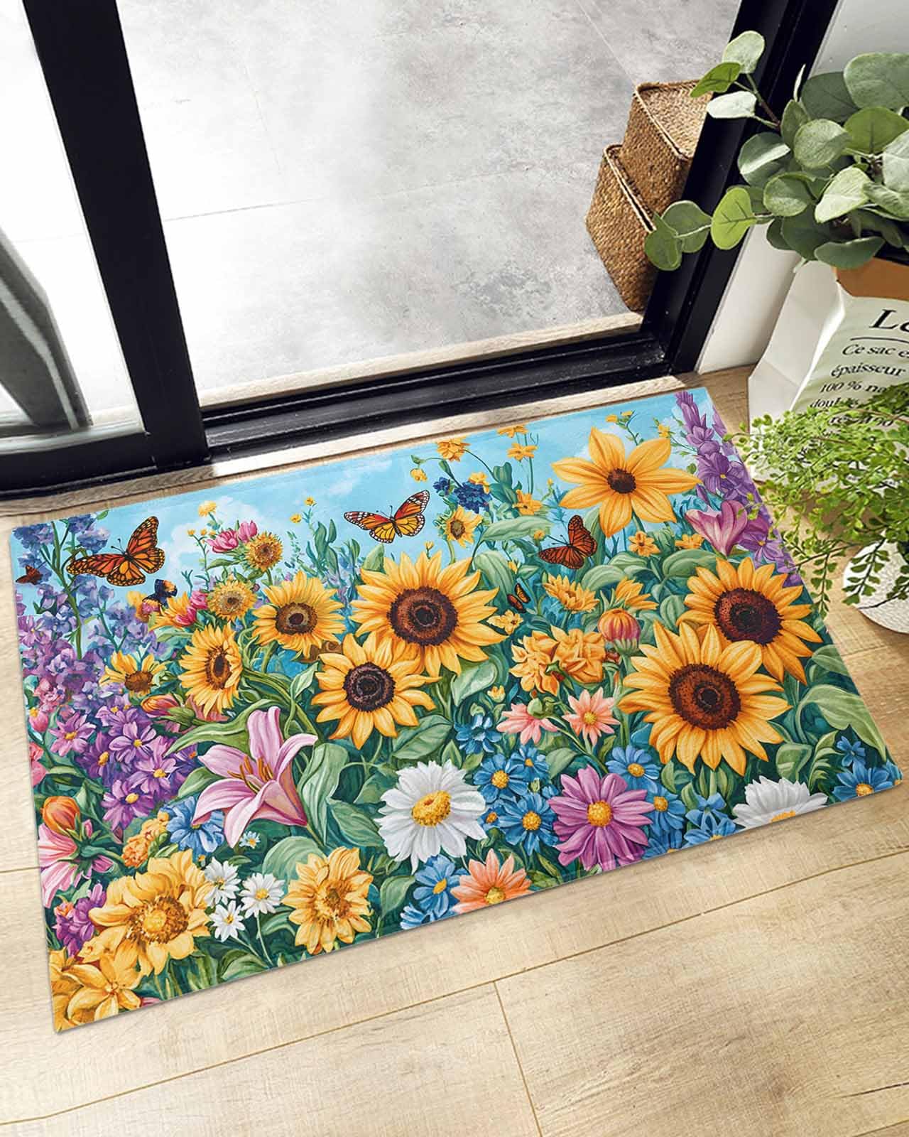 Indoor Doormat Spring Summer Sunflower Butterfly,Shaggy Floor Mat with Non-Skid Backing Watercolor Pastoral Wildflowers,Machine Washable Plush Area Rug Carpets for Kitchen Nursery Bedroom