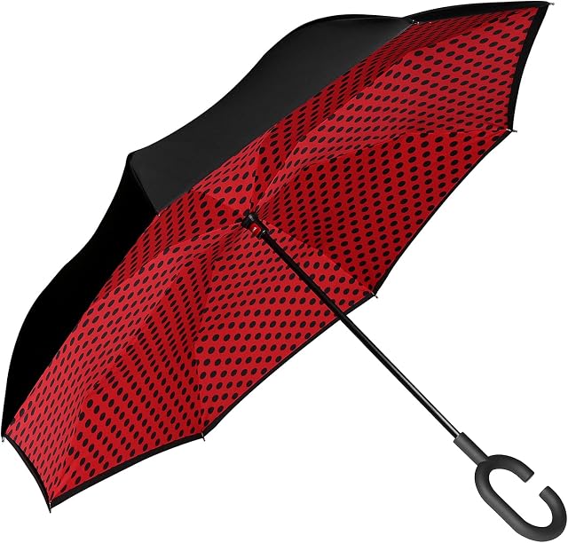 Amazon Brand - Eono Double Layer Inverted Umbrellas Reverse Folding Umbrella Self-Standing Windproof UV Protection Big Straight Travel Umbrella for Car Rain Outdoor with C-Shaped Handle - Red Dot