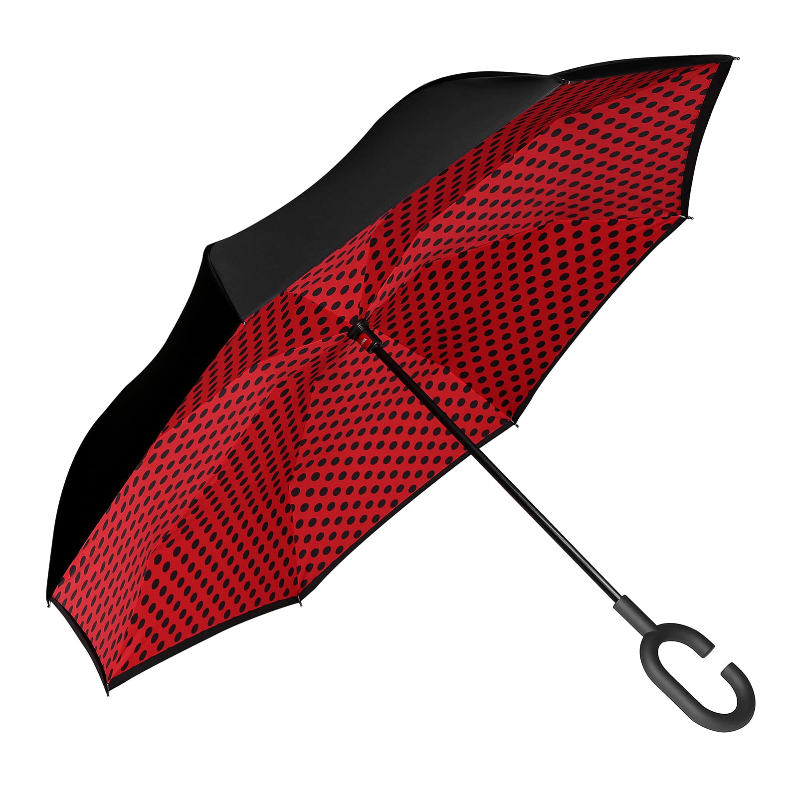 EonoAmazon Brand - Eono Double Layer Inverted Umbrellas Reverse Folding Umbrella Self-Standing Windproof UV Protection Big Straight Travel Umbrella for Car Rain Outdoor with C-Shaped Handle - Red Dot