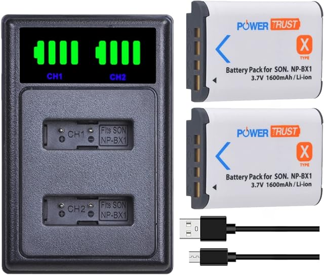 PowerTrust 2x NP-BX1 Batteries with NP BX1 Battery Charger for Sony ZV-1, ZV-1F, RX100 IV, RX100 V, RX100ii, RX100VII, HX60, AS50, X3000, HX400V, RX1, AS100V, WX350, HX50