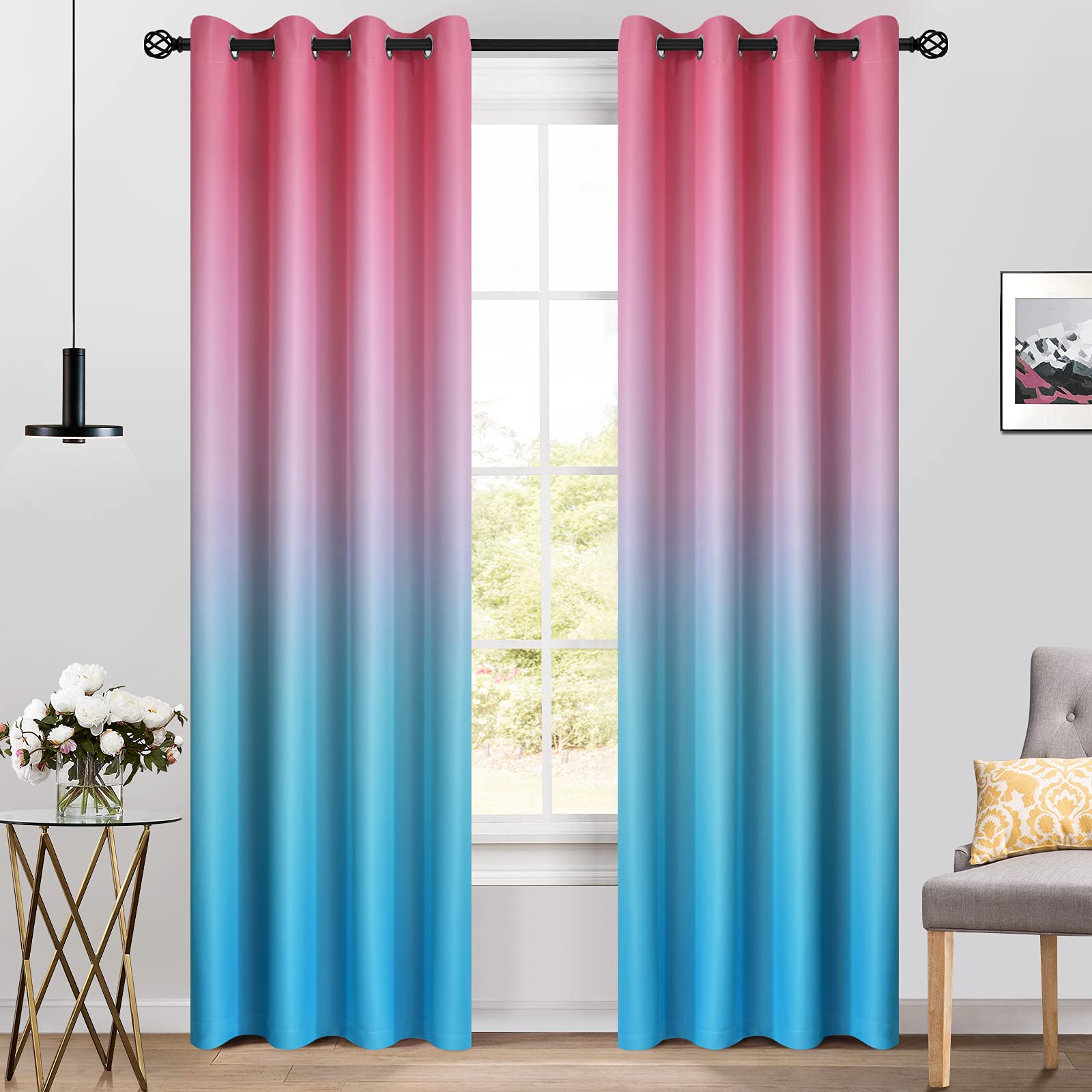 Yakamok Blackout Grommet Ombre Room Darkening Curtains for Living Room, Pink and Blue Gradient Drapes,Thickening Polyester Thermal Insulated Window Curtains for Kids Bedroom, 2 Panels, 52x96 Inches — image 1