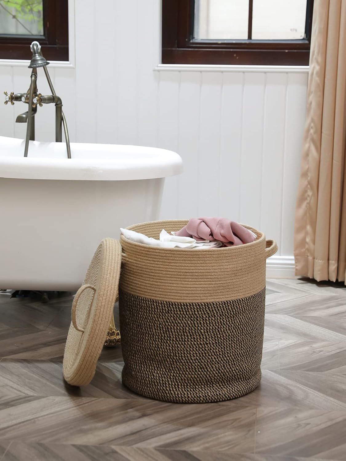 Extra Large 16" x 16" x 18" Storage Basket with Lid, Cotton Rope Laundry Hamper, Cloth Bin for Clothes, Towels, Blankets, Pillows in Living Room, Jute/Black Mix Basket