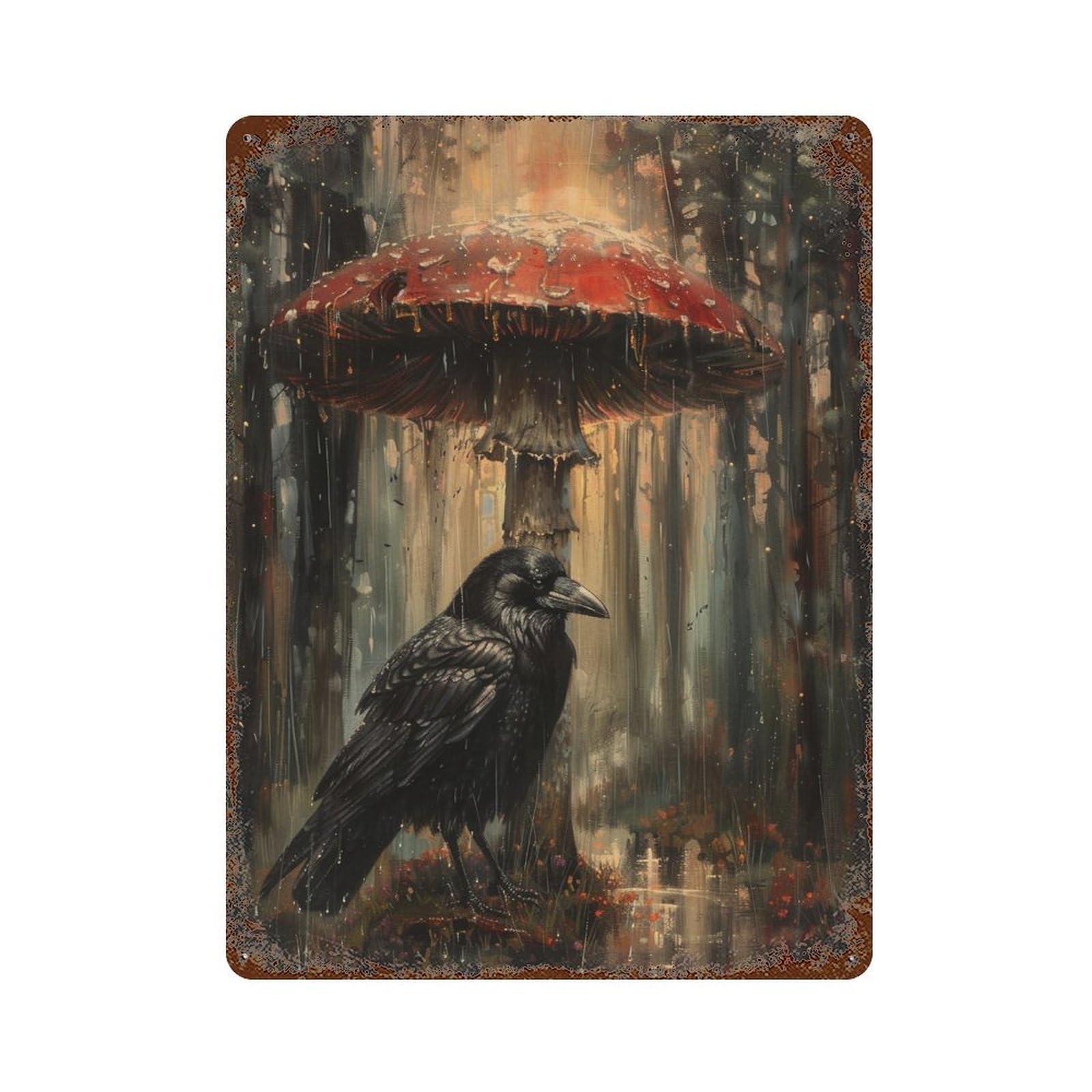 Rainy Forest Mushroom Scene Rusty Metal Tin Sign 15.7"x11.8", Old School Wall Decor for Garage, Pub Or Kitchen