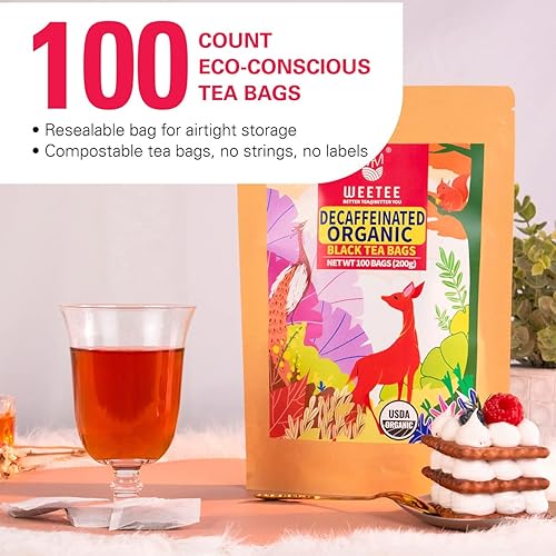 Miniatura 6 de WT WEETEE Bolsas de té negro descafeinado orgánico, té negro orgánico USDA, 100 unidades, sabor suave y suave, descafeinado con CO2, bolsa de papel