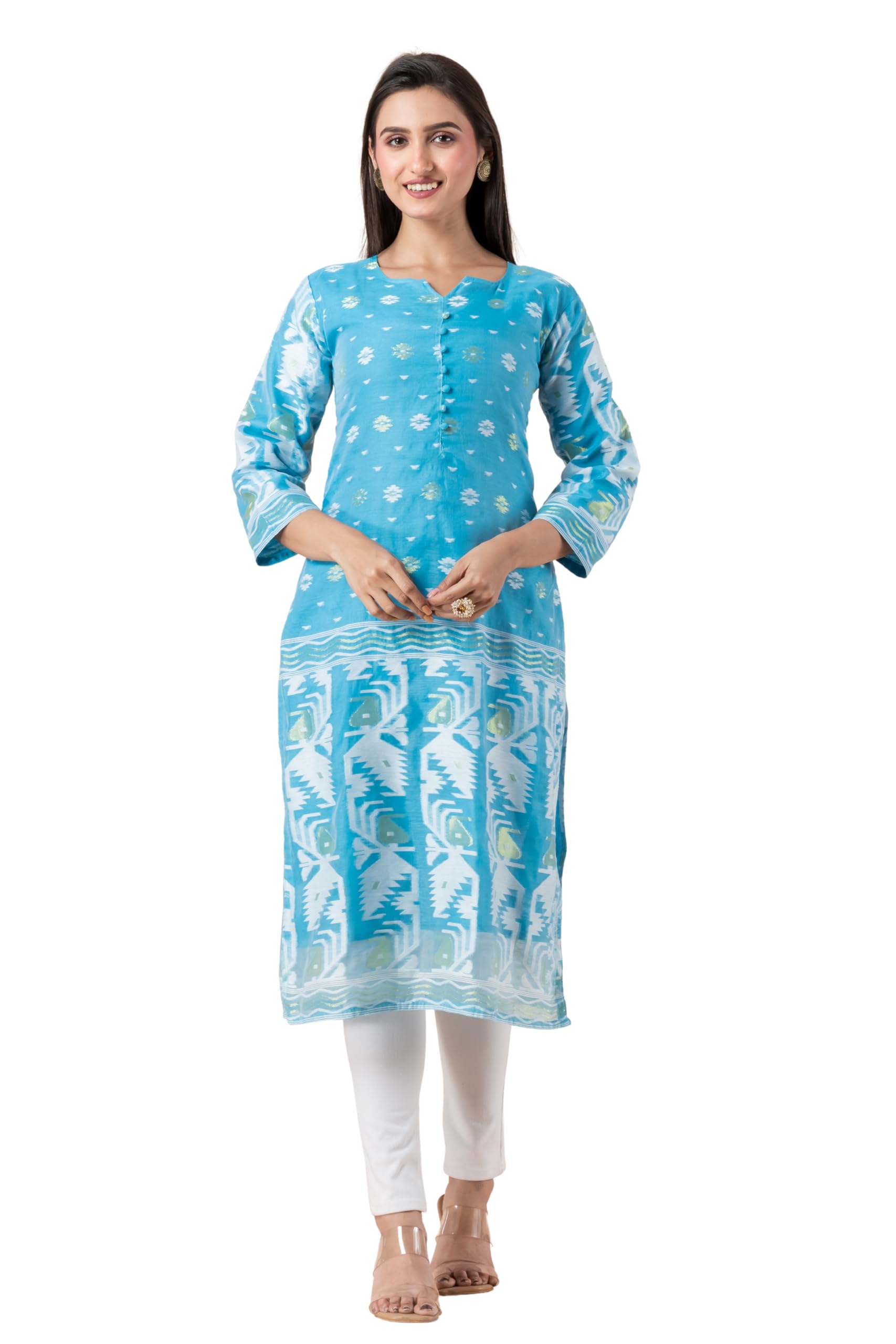 durga handlooms Woven Jamdani Women's Cotton Blend Kurti|3/4th Sleeve|V Neck with Buttons|Pure Cotton Lining Attached-picture-10