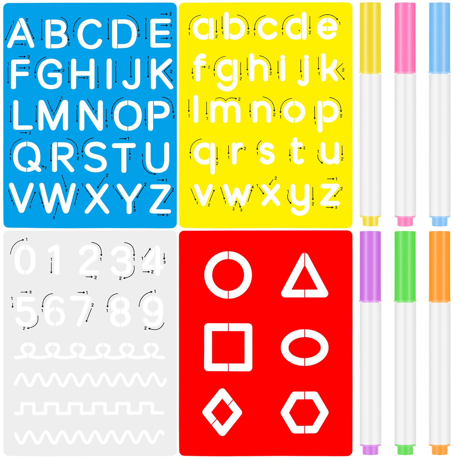 Gersoniel 10 Pieces Preschool Letters and Numbers Alphabet Stencils Colorful Double Sided Tracing Board PET Paint Boards with Craft Markers Marker Paint Pens Preschool Learning Toys