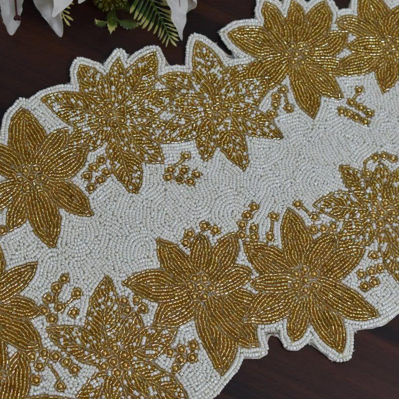Image of Beaded Table Runner Cream Gold Elegant Handcrafted Decor Pack of 1 | 13 x 36 Inches | Perfect for Dining, Coffee Tables, Festive Celebrations, Weddings, Home & Office Decoration