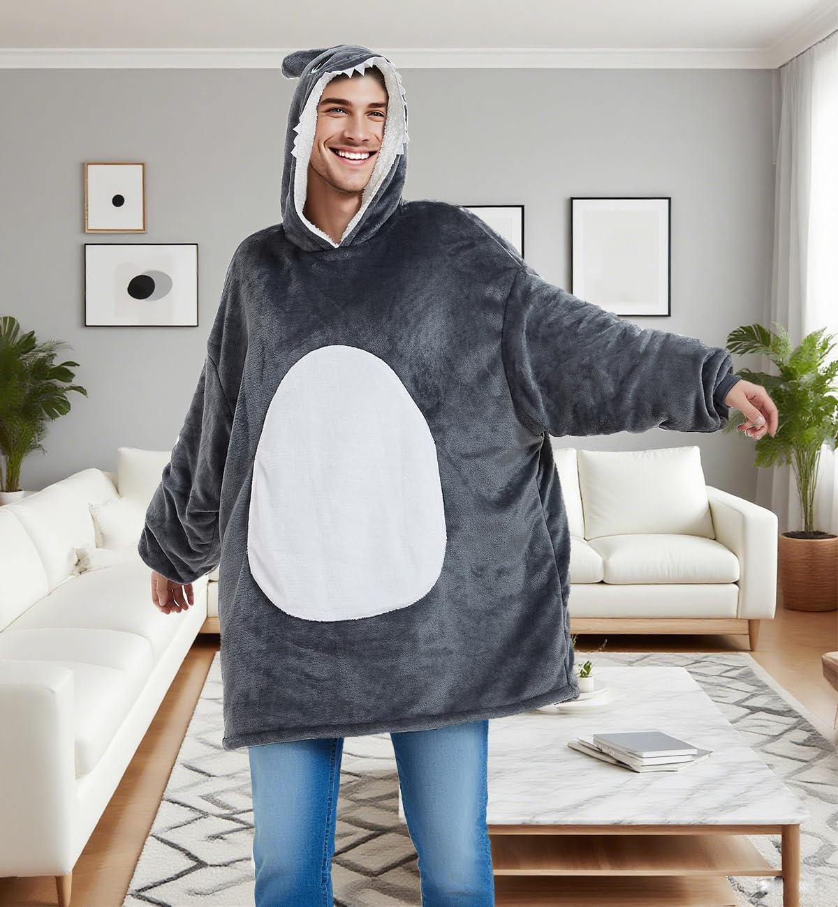 Lifeye Unisex Shark Pullover Hoodie Animal Home Wear Adult Cosplay Costume Pajamas Thick Cozy Wearable Blanket - Image 2