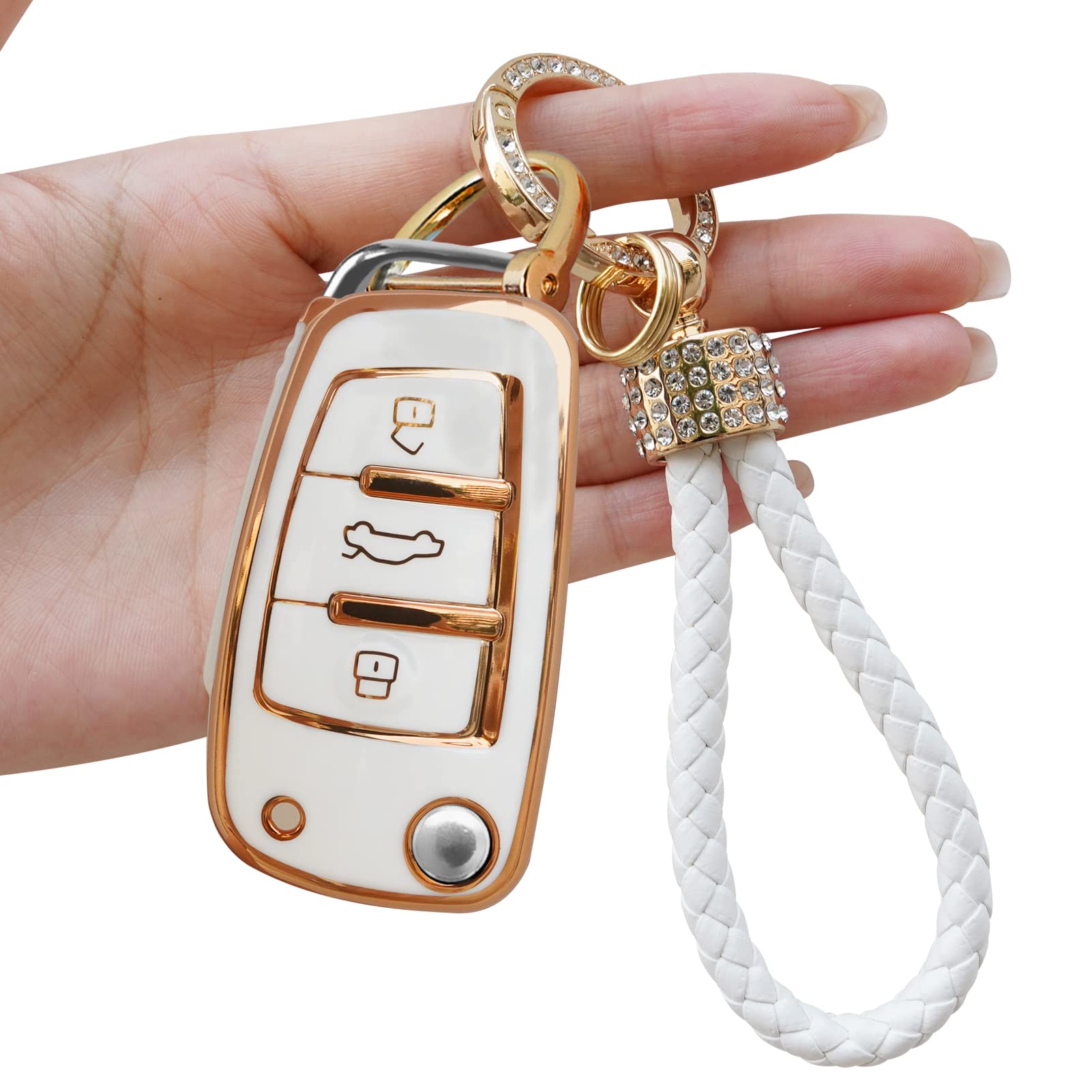TTCR-II Yumzeco Car Key Cover,3 Buttons Remote Key Fob Cover Compatible with A1 A3 A4 A5 A6 Q3 Q5 Q7 S3 S4 RS5 RS6 TT, TPU Silicone KeyCase, Entry KeyShell with Keychain, Keyless KeyProtector White