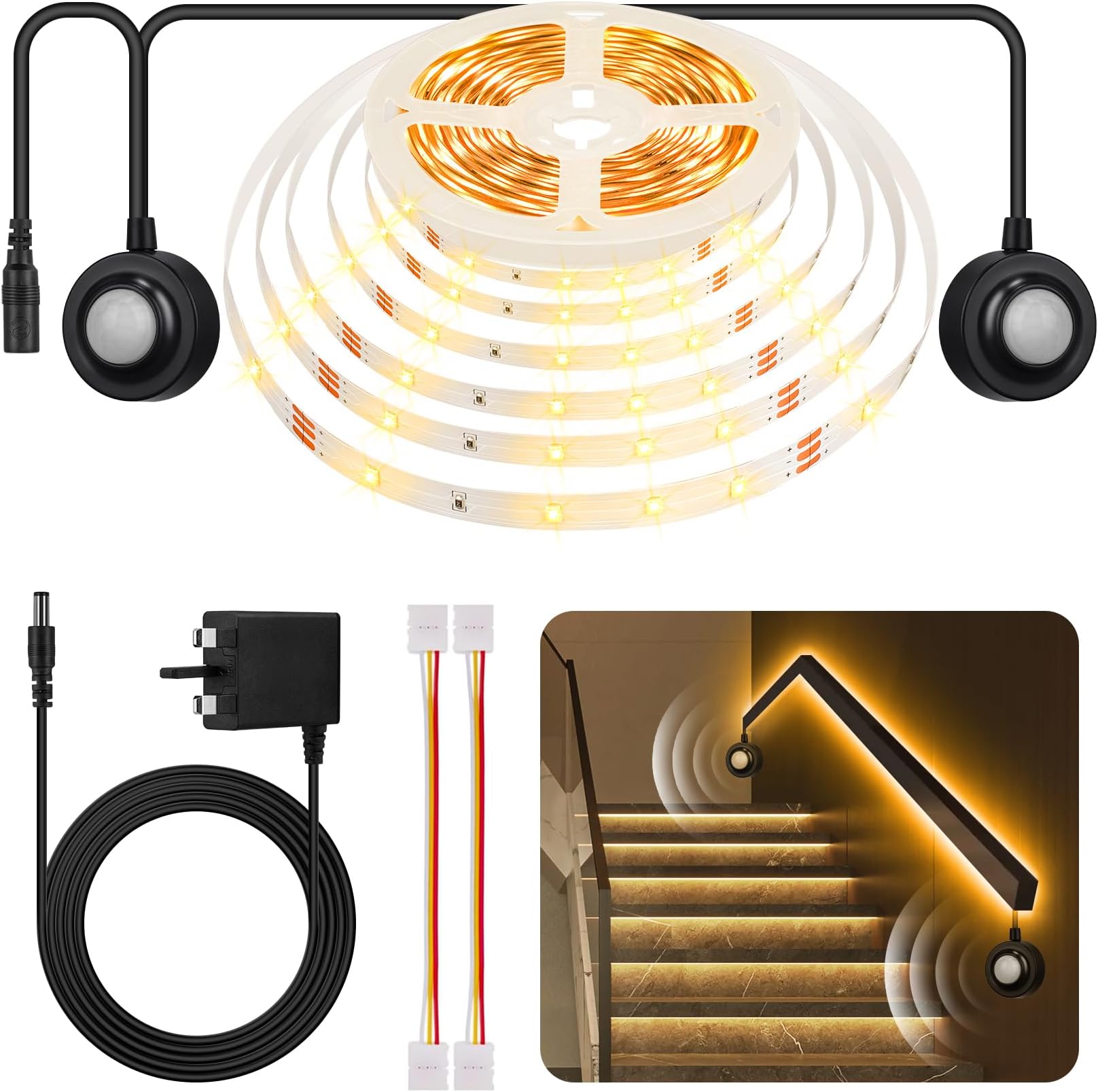 – Dual Motion Sensor Light Indoor Under Bed Lights, 5m Motion Activated LED Strip Lights for Bedside, 12V Warm White Under Cabinet Lights Two Motion Sensors LED Strip for Stair Closet Hallway