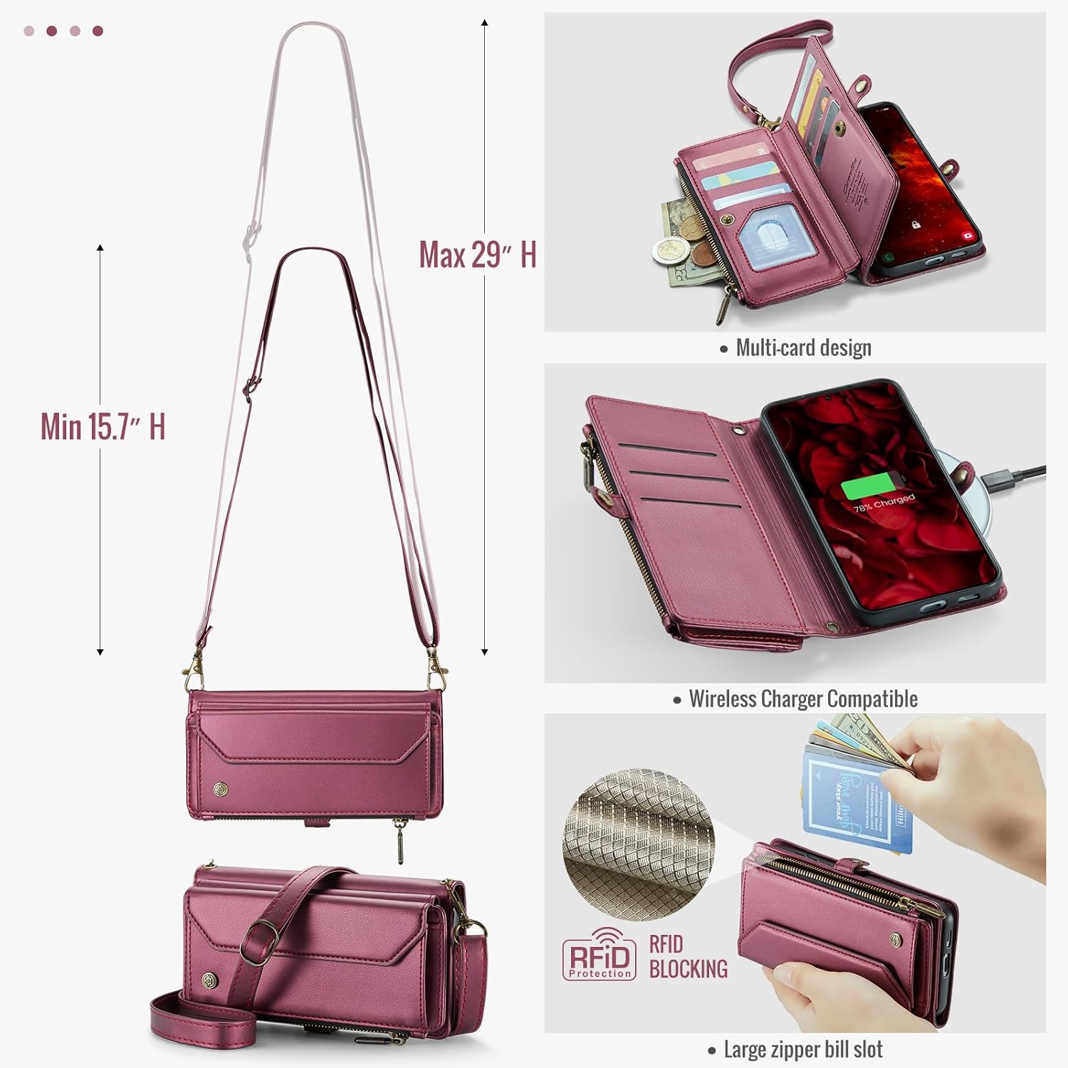 Compatible with Samsung Galaxy S24 FE Leather Case, [RFID Blocking] Multi-Functional Wallet Handbag Leather Case with Card Slots Kickstand Crossbody Shoulder Strap Lanyard for Women Men (Red)