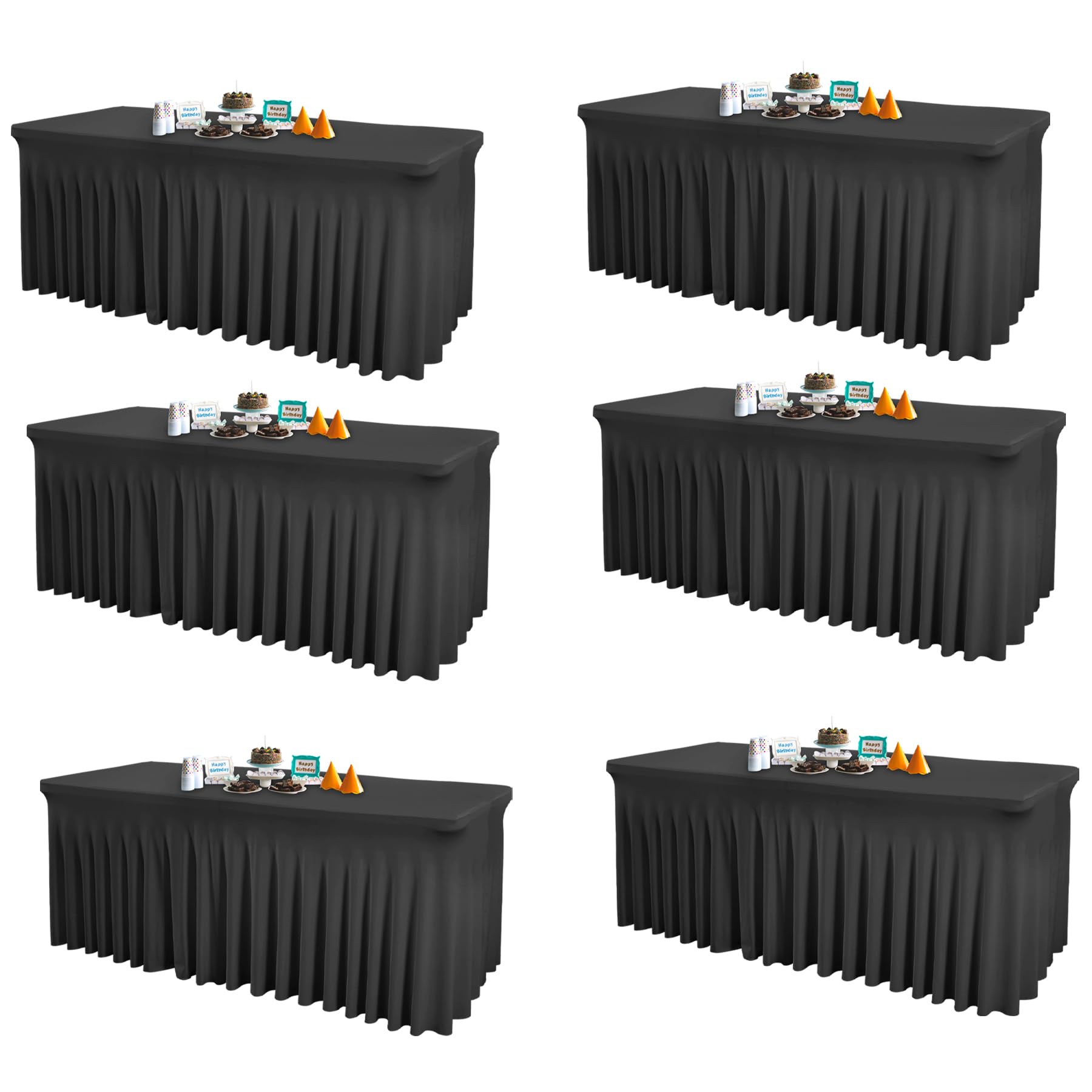 Photo 1 of **ONLY HAS 5** 6 Packs Black Table Clothes for 8 Foot Rectangle Tables, One-Piece Wrinkle Resistant Stretch Spandex Table Covers with Skirt for Event Banquet Wedding Birthday Party Black 8FT-6 Pack