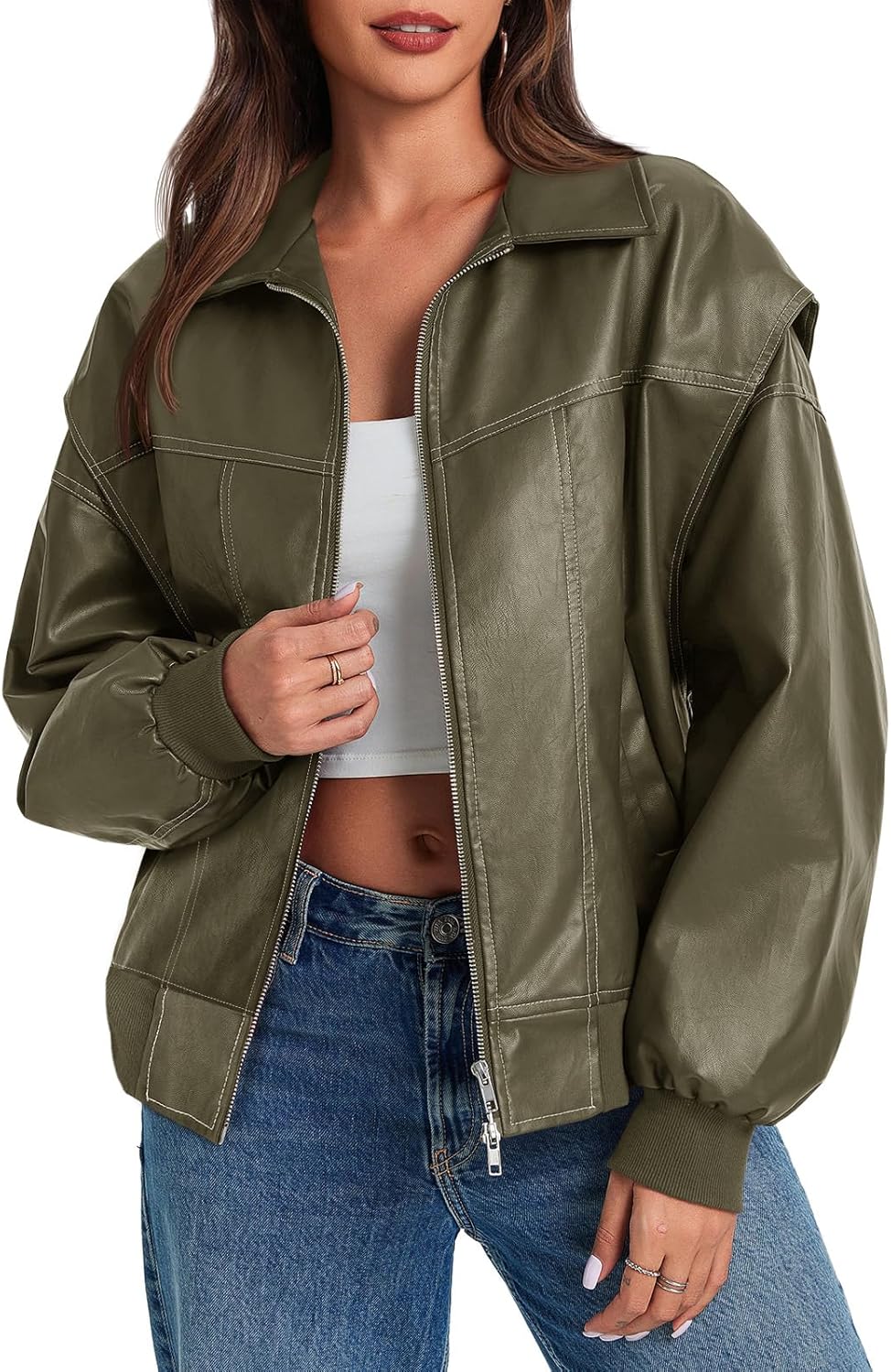 Tankaneo Womens Oversized Leather Bomber Jackets Cap Sleeve Zip Up Motorcycle Coats with Pockets