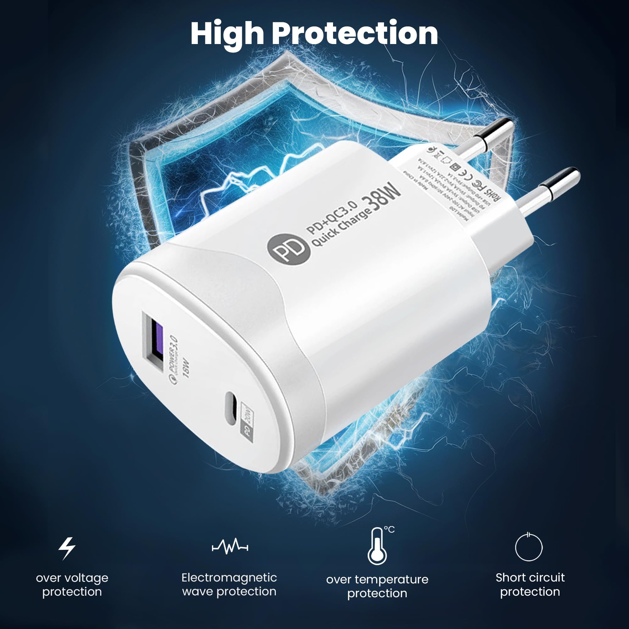 Leyf Ładowarka USB A typu C 2 w 1 38 W, 2 porty, kompatybilna ze wszystkimi modelami telefonów komórkowych i tabletów, szybka ładowarka QC 3.0, iPhone, iPad, Samsung Galaxy Xiaomi, Huawei, kabel typu
