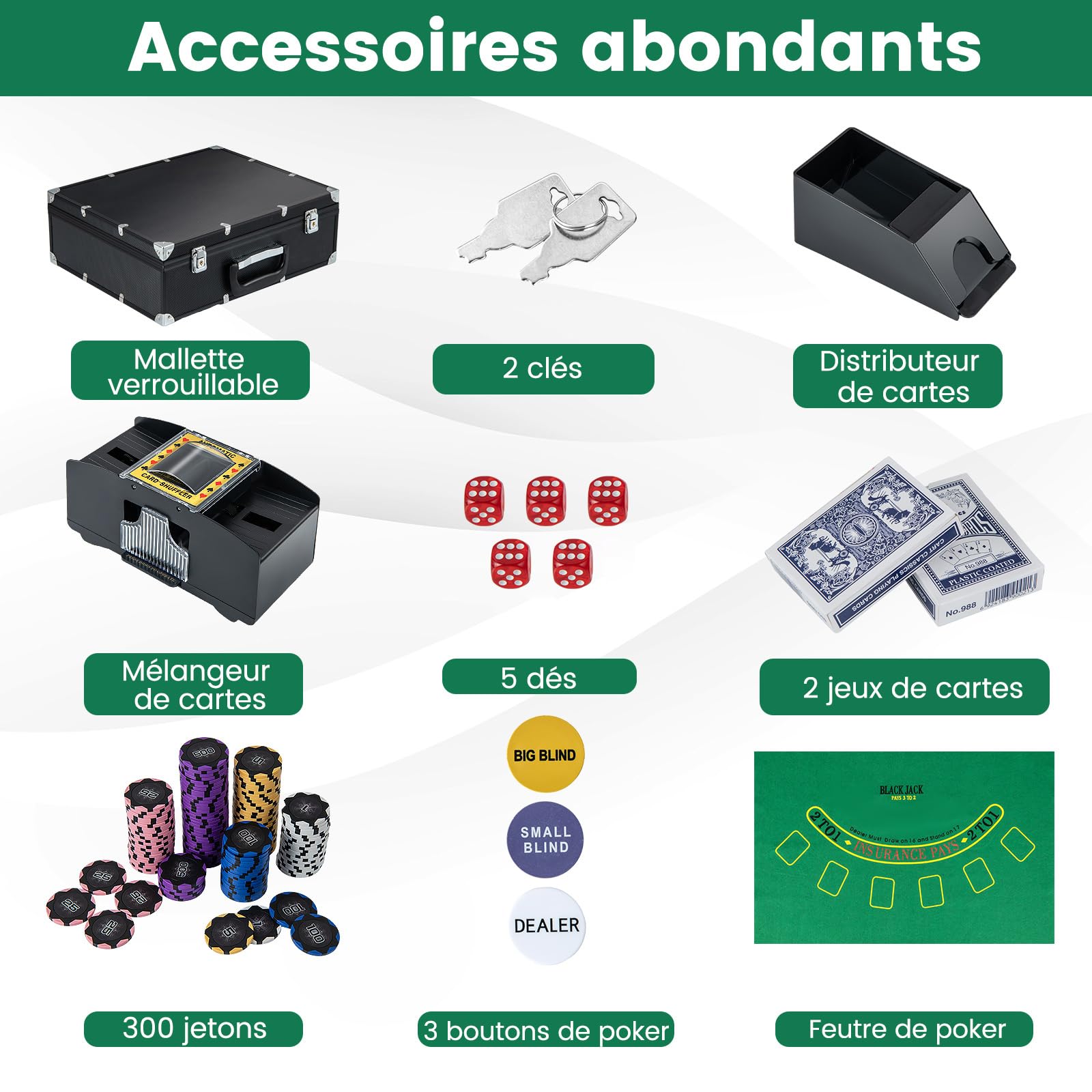 GOPLUS Mallette Poker 300 Jetons, 2 Jeux de Cartes, 5 Dés, 3 Jetons Croupier, Tapis feutré, Mélangeur de Cartes Automatique, Sabot de Carte, pour Texas Hold’em, Blackjack