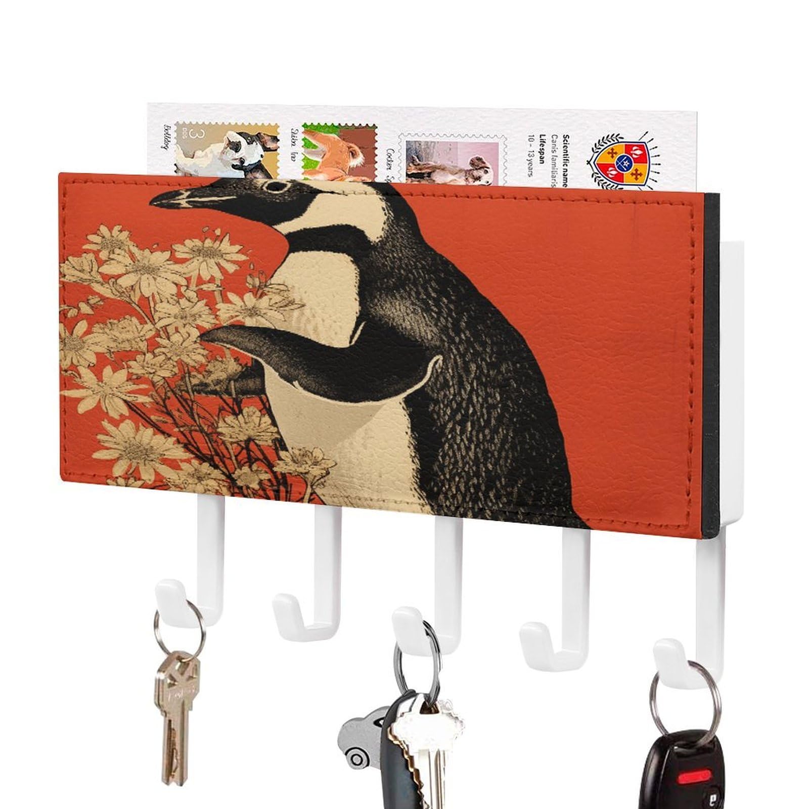 Fekiloot White-Style Penguin Holding Flower Key Holder Wall Mount Decorative Key And Mail Holder With 5 Hooks Key Hanger Organizer Pu Key Rack Decorative Home Decor For Wall Living Room Entryway Office
