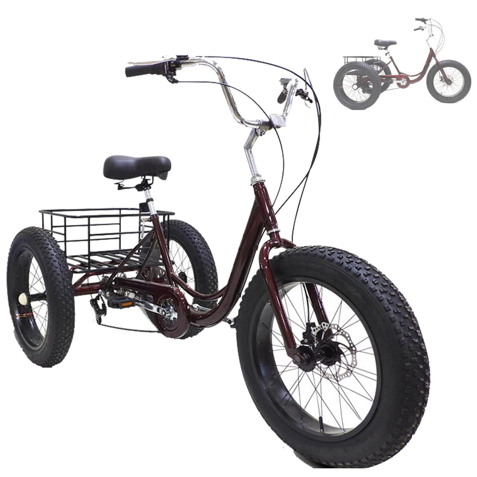 Triciclo per adulti a 7 velocità, telaio in acciaio ad alto tenore di carbonio da 20 pollici, portata massima 100 kg, pneumatici rinforzati, ampio cestino portaoggetti, ideale per spostament