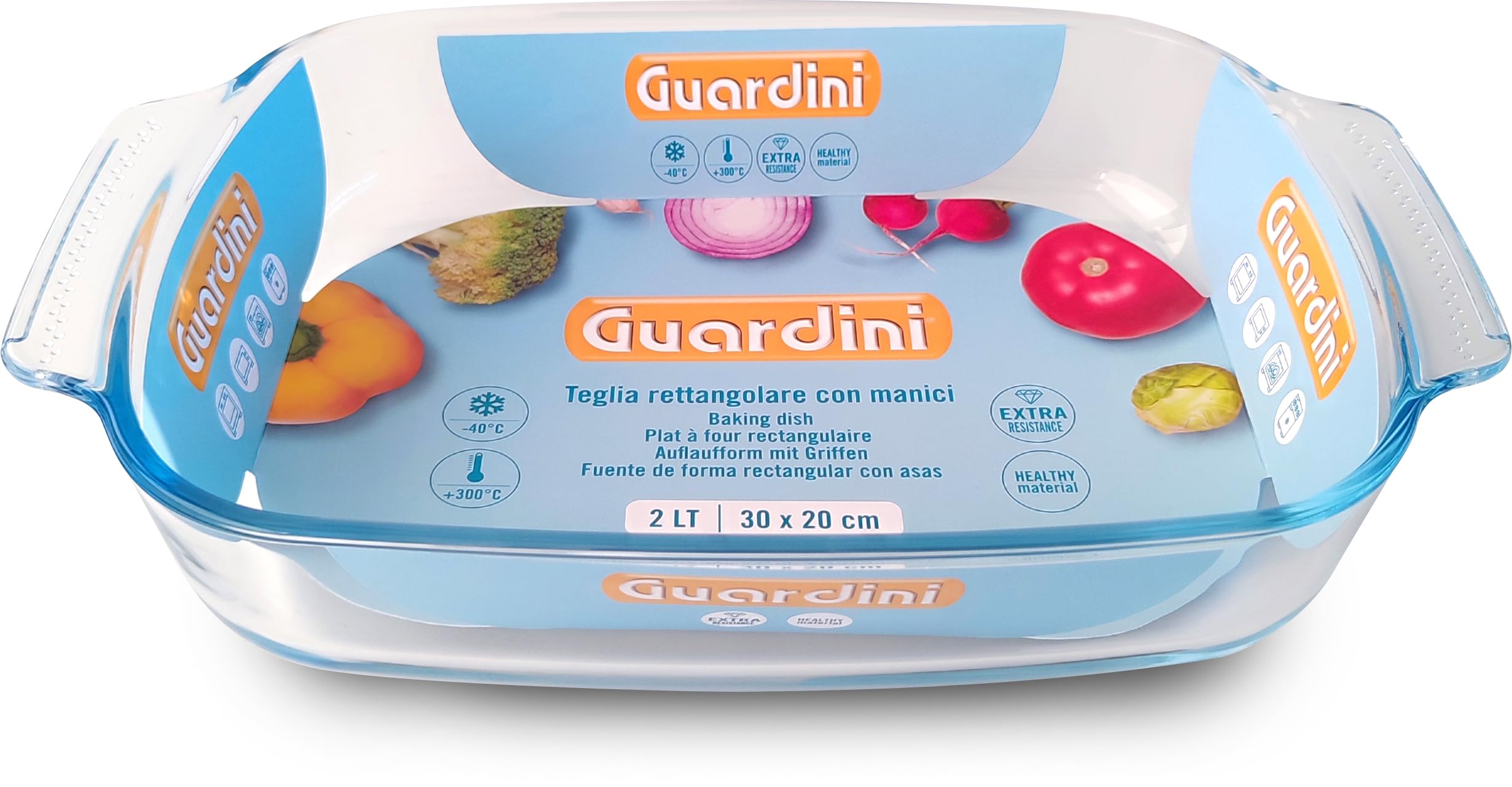 Guardini, Plaque rectangulaire avec poignées, en verre borosilicaté, résistante aux chocs thermiques, 30 x 20 x 6 cm - 2,0 L, transparent/bleu