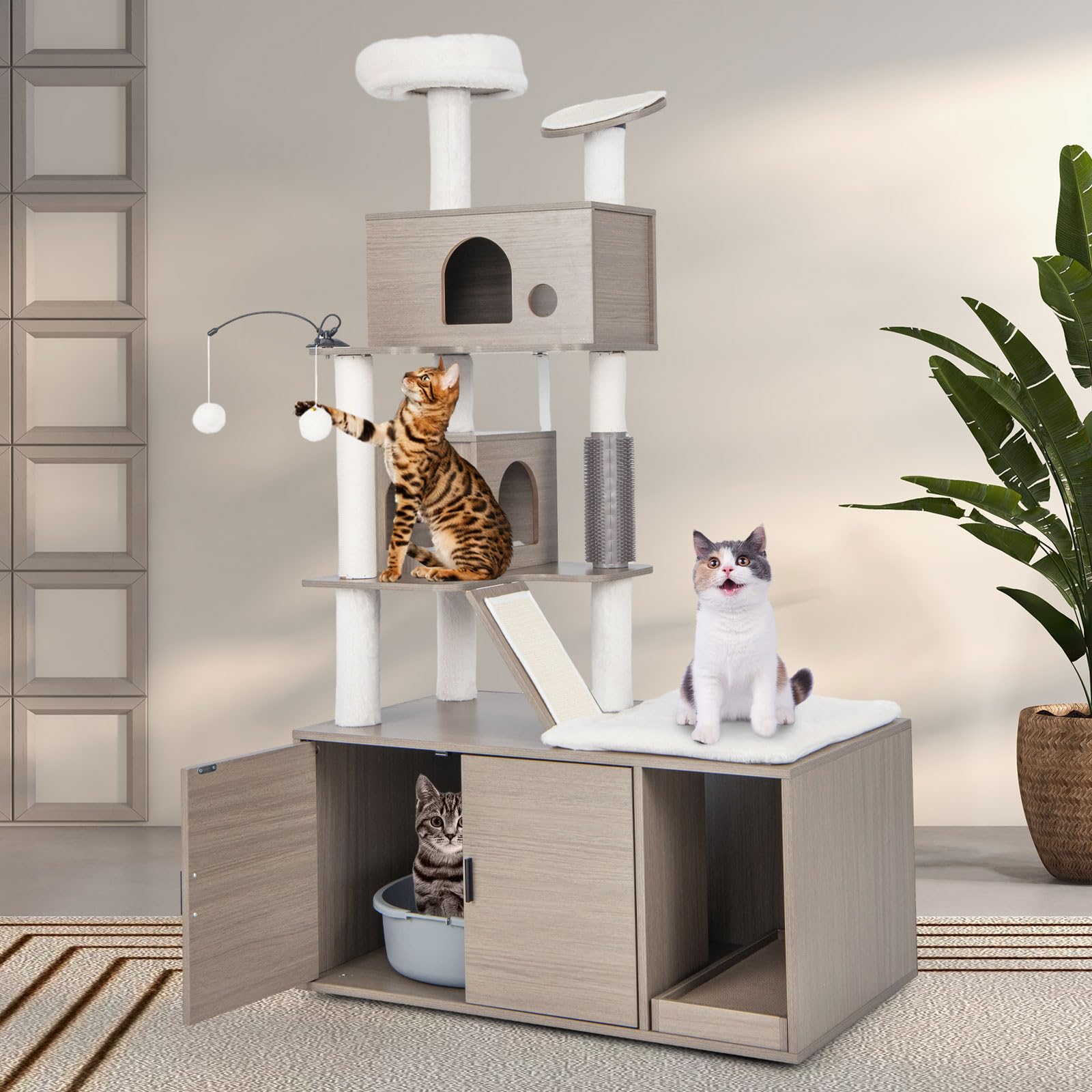 GYMAX Albero Tiragraffi per Gatti con Mobile Nascondi Lettiera, Torre per Gatti Tutto-in-uno con 2 Casette, Tiragraffi, Tappeti di Sisal, Palline, Spazzola, Mobile in Legno per Gatti Domestici