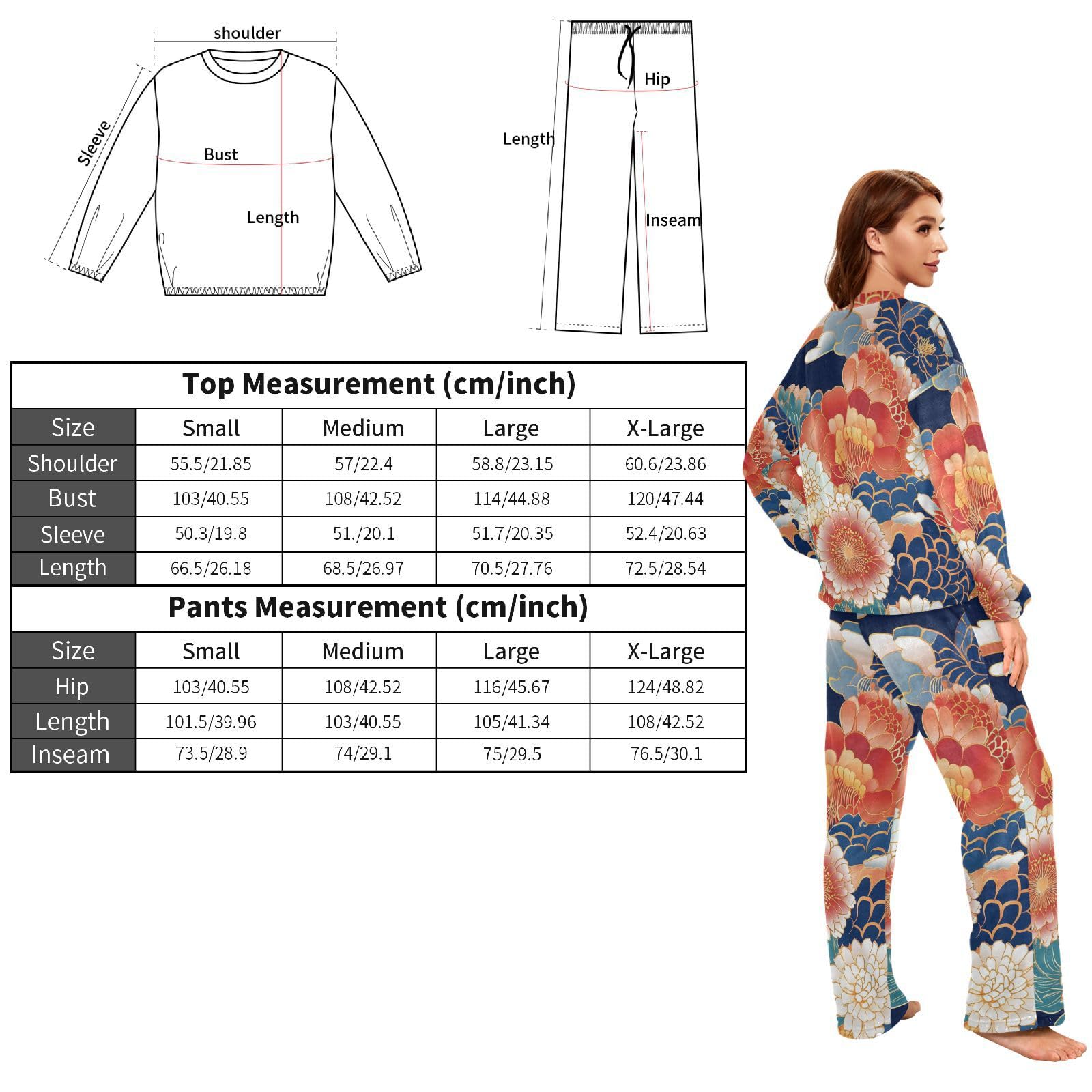 Tradictional - Set pigiama da donna in pile con scollo rotondo e pantaloni, motivo floreale, colore: rosso