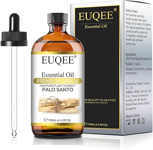 EUQEE Aceite esencial de Palo Santo de 4.0 fl oz de aceite de palosanto puro de alta calidad con cuentagotas de vidrio para difusor, fabricación de