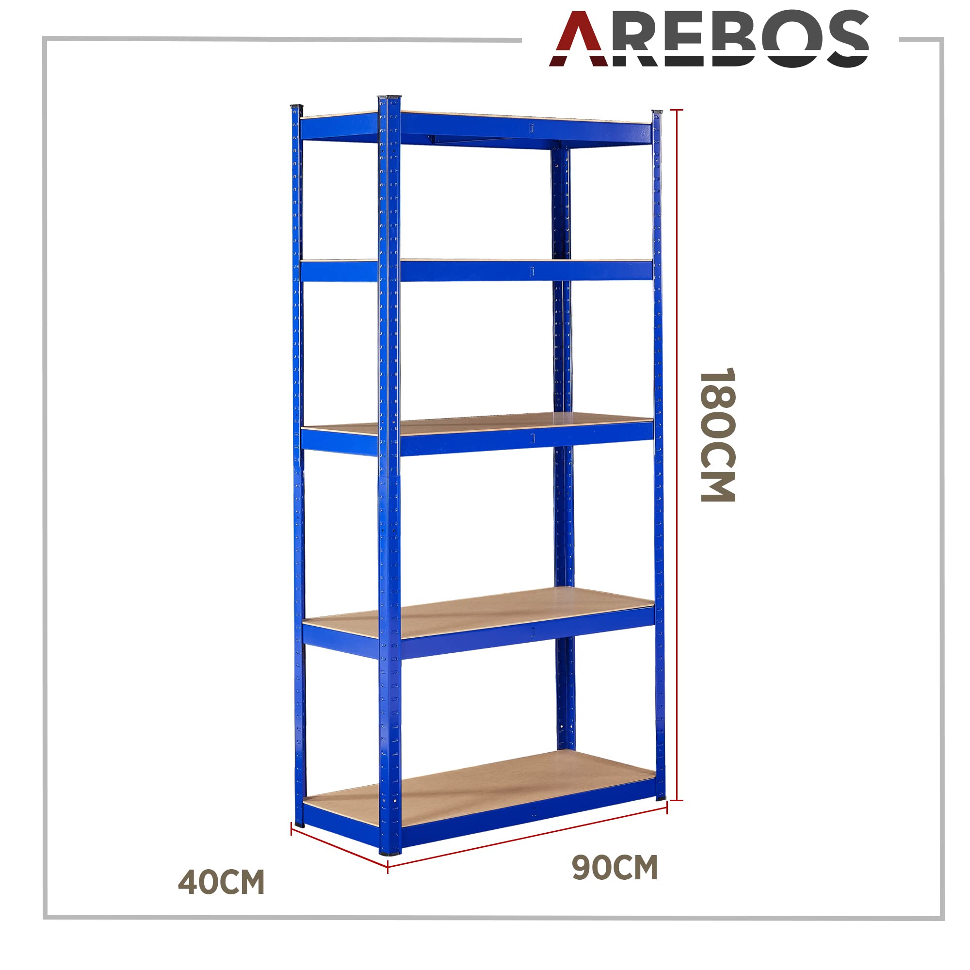 AREBOS Rayonnage Charges Lourdes – Lot de 2 | 180×90×40 cm | Capacité 875 kg par étagère | Structure Acier avec 5 Tablettes MDF | Rayonnage Emboîtable pour Cave, Atelier & Garage | Bleu - 4