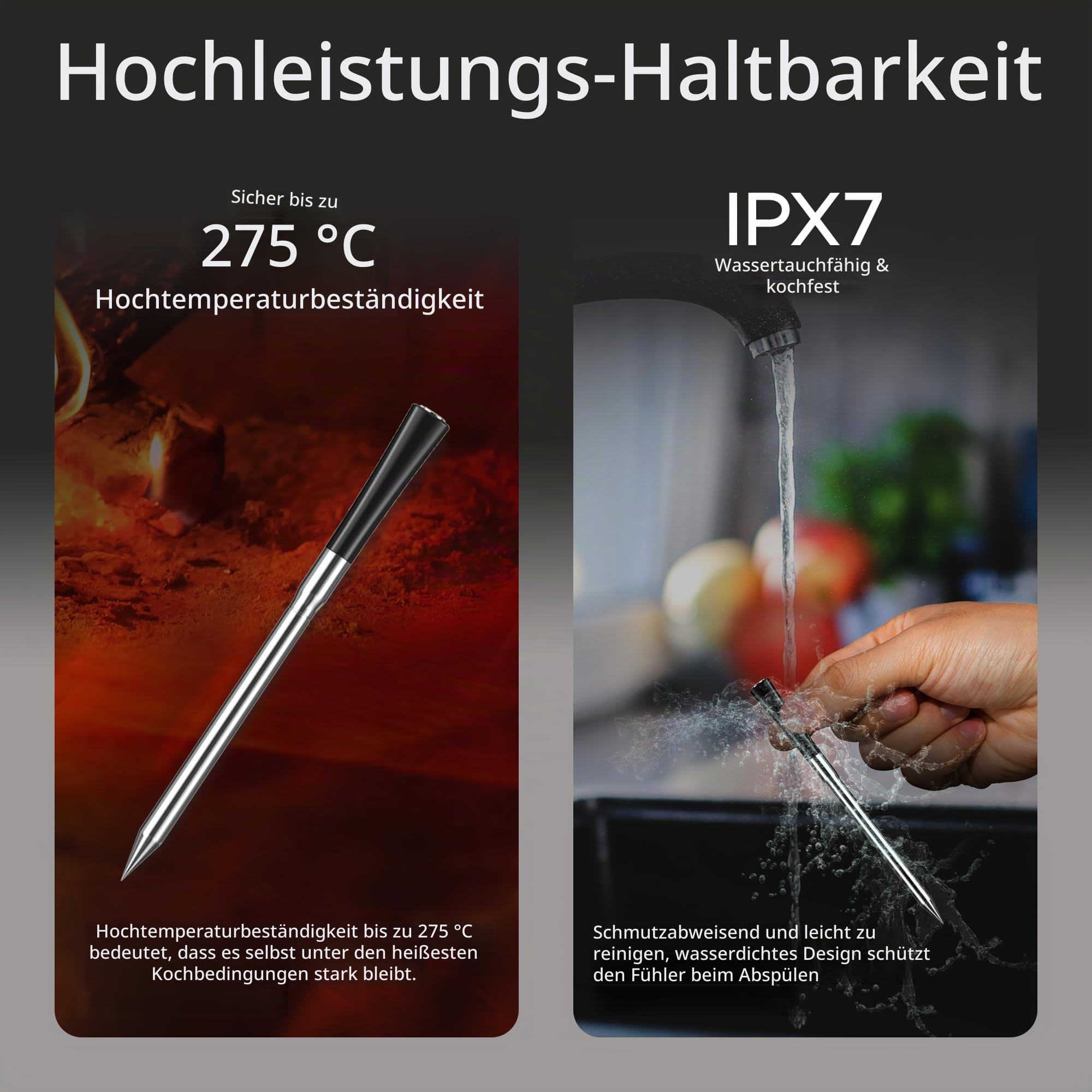 Fleischthermometer Kabellos mit Bluetooth, 2 Sonden, App-Überwachung mit Alarm, Wasserdicht, Hohe Reichweite, Multi-Sensor, Grillthermometer Smarte Fleischthermometer Kabellose für BBQ, Grill, Küche