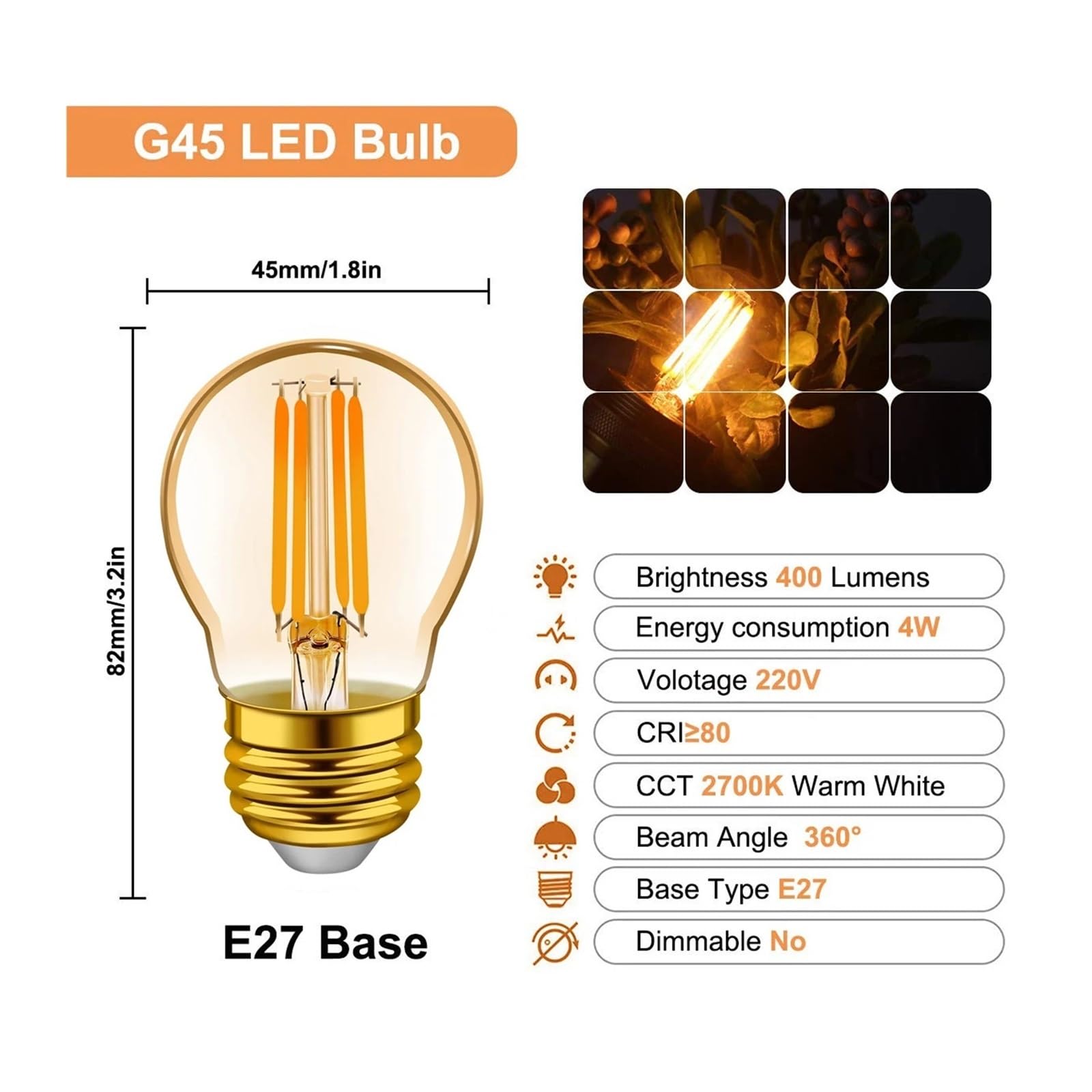 Żarówka Led Edison G45 Mini Globe 4W 6W E27 możliwość przyciemniania Vintage lampa Led 2200K ciepły biały na żarówkę łańcuchową (Size : 10PCS, Material : E27 220V_NO_4W)