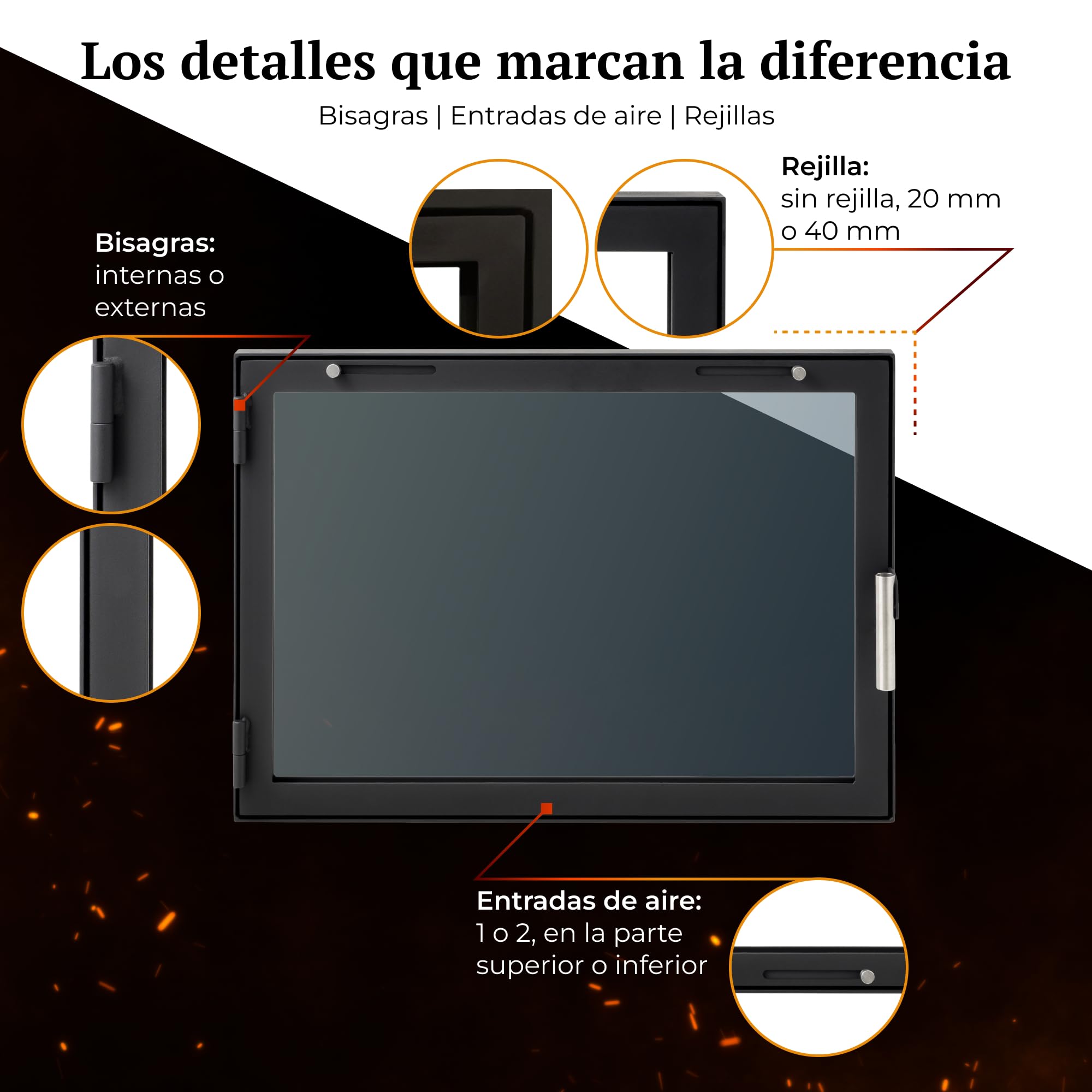 D3 | Puerta de Chimenea Slimline a Medida | Marco Estrecho | Puerta para Chimenea, Estufa, Barbacoa y ahumador | Cristal vitrocerámico | Puerta Premium con Accesorios INOX