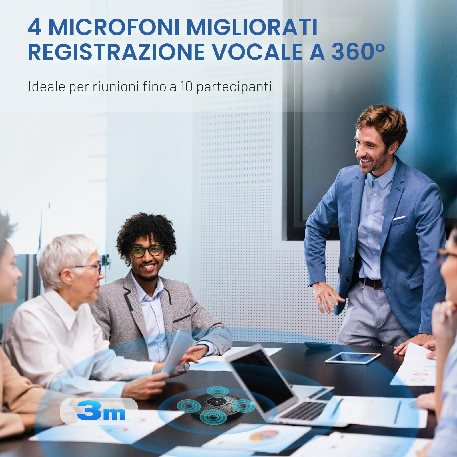 EMEET Altoparlante per conferenze Bluetooth - Sistema vivavoce USB per 5-10 persone, vivavoce con 4 microfoni AI, riconoscimento vocale a 360º, microfono per conferenze con dongle