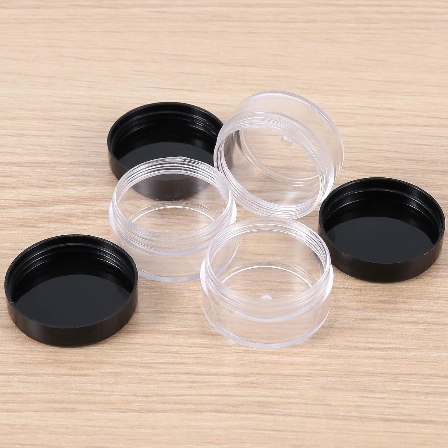 150 Pieces 10 Gram Plastic Cosmetic Sample Containers Jars with Black Lids, BPA Free, Small Lip Balm Containers, Clear Empty Lip Scrub Container for Creams and Lotions