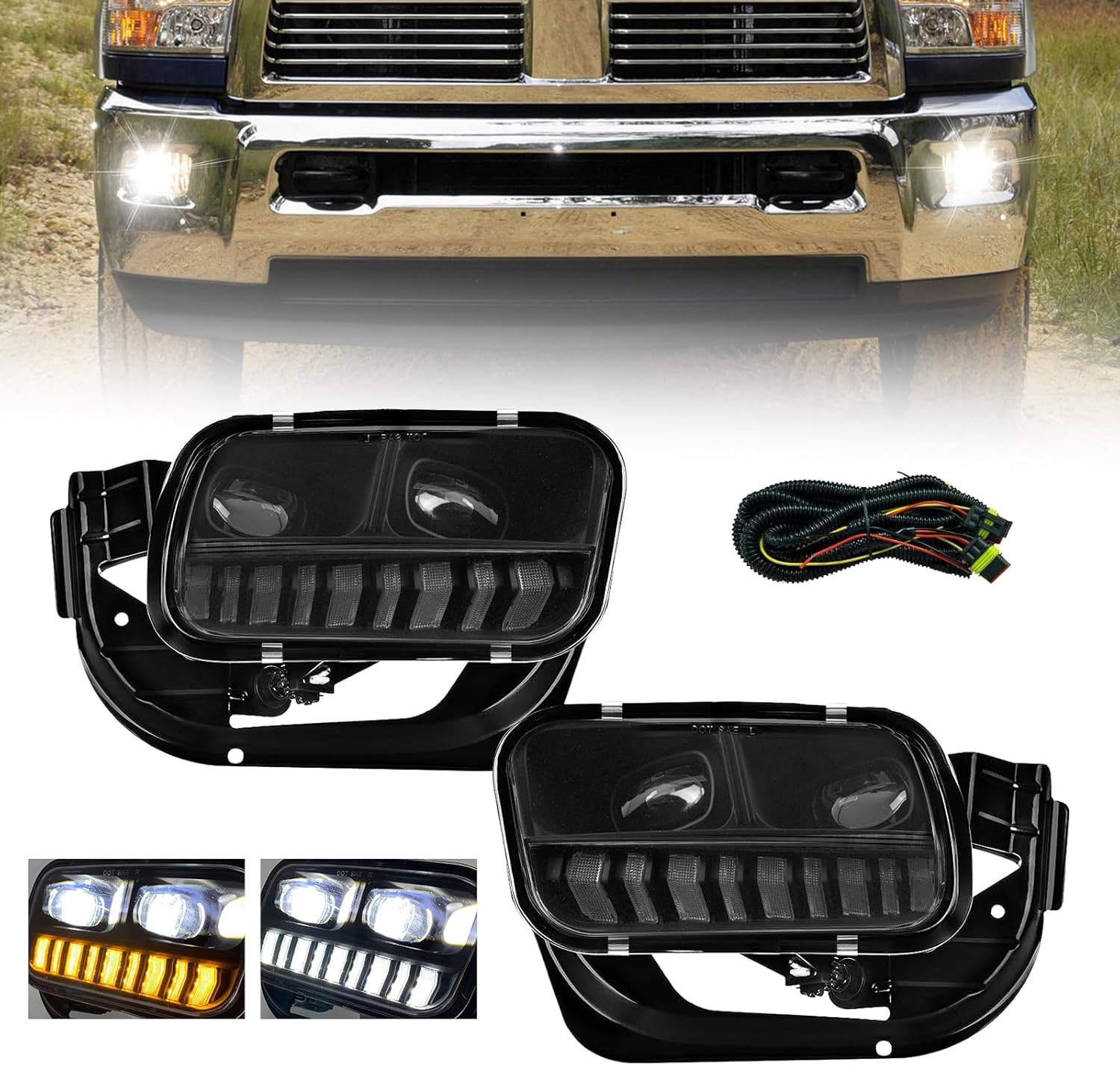 LED&DRL Fog Lights Compatible with Dodge Ram 1500 2009-2012,Dodge Ram 2500 2010-2018 Pickup Truck, 2012-2018 Dodge Ram 3500, A Pair of Front Bumper Driving Fog Lamps with Clear Lens