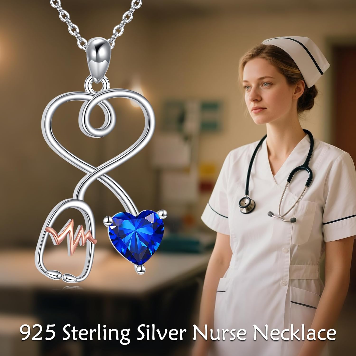 Stethoscope Necklace for Women 925 Sterling Silver Blue Heart Pendant Graduation Jewelry Gift for Nurse Doctor Medical Student RN - Image 6