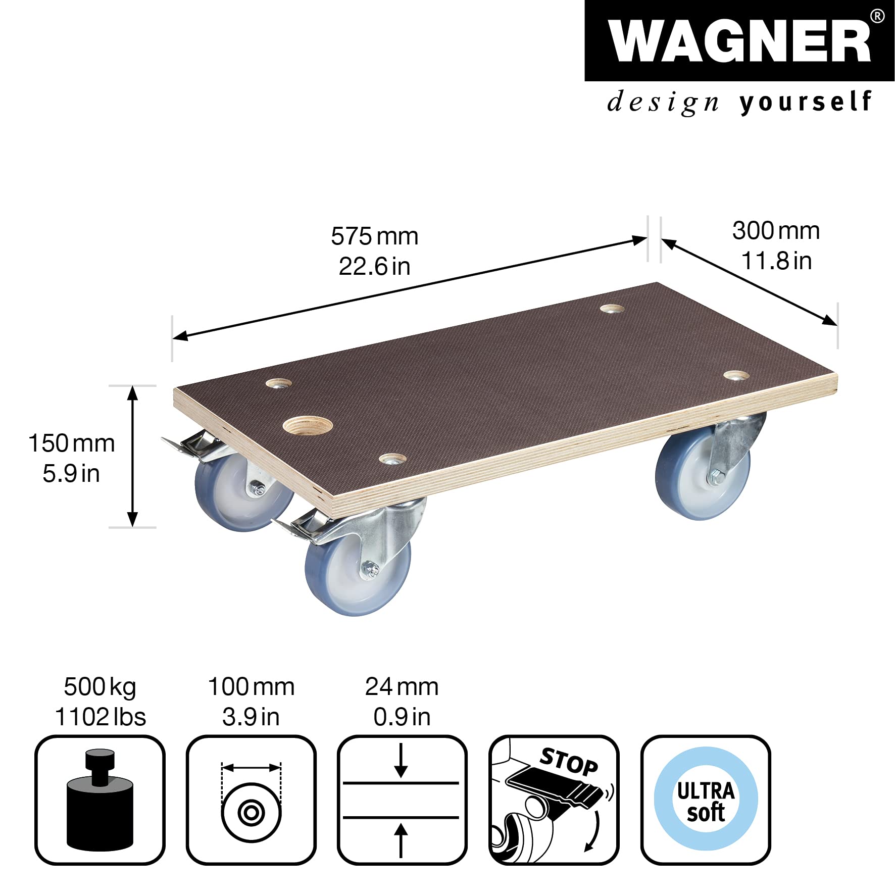 Wagner Plataforma de Carga MM 1341-57,5 x 30 cm - para Electrodomésticos y Muebles Muy Pesados, 500 kg de Carga Máxima, Antideslizante, Ruedas Blandas, 2 Frenos, Certificado FSC® - 20134101