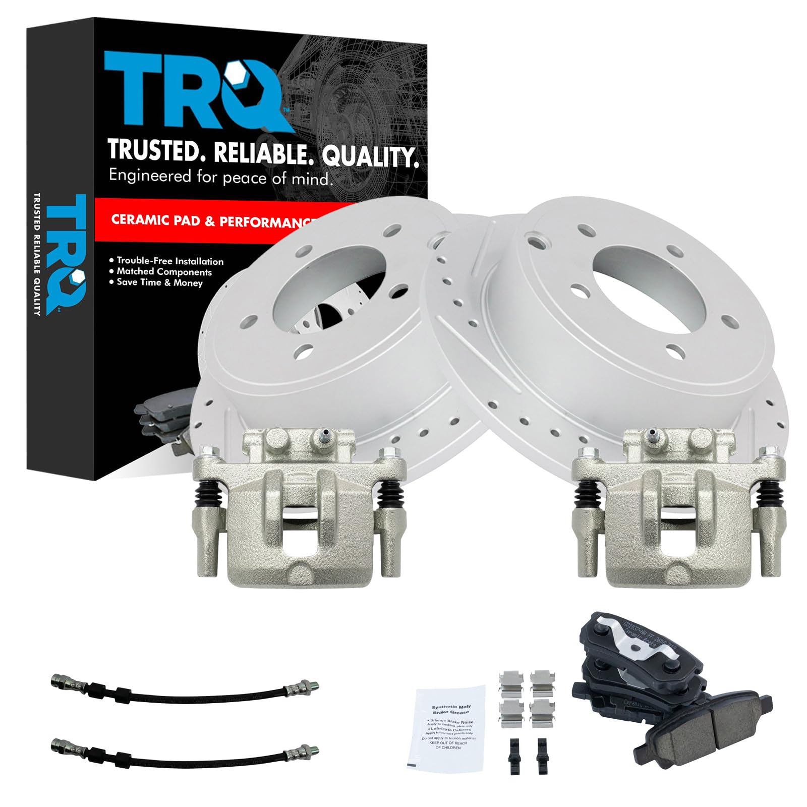 TRQ Performance Rear Brake Pad and Rotor Set Ceramic Slotted Drilled G Coated Rotors Calipers Compatible with 11-14 Chrysler 200 07-10 Sebring 08-14 Dodge Avenger 07-17 Jeep Compass Patriot