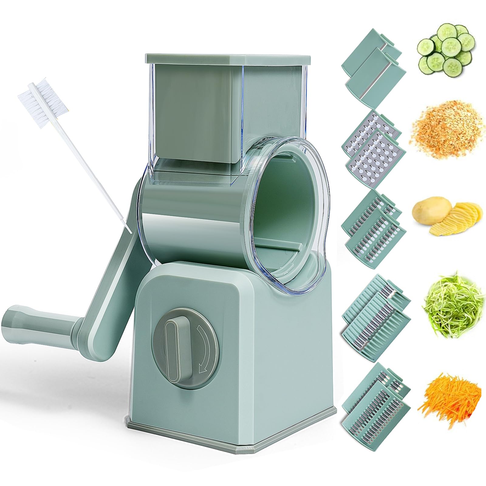 Rotary Cheese Grater Cheese Shredder - Upgraded 5-in-1 Cheese Grater with Handle and Strong Suction Base, Multi-purpose Vegetable Slicer Ice Shaver Nuts Grinder for Ice, Vegetables, Fruit, Nuts