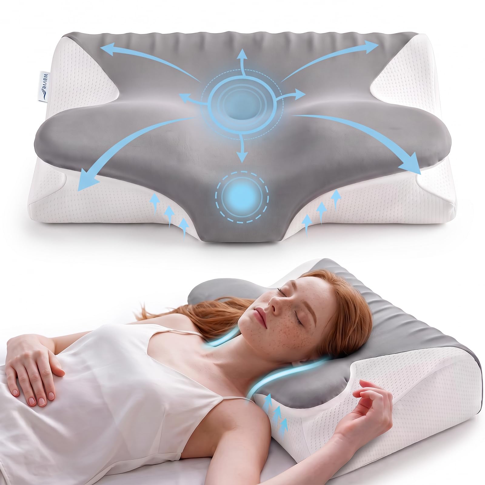 WAVVE Oreiller Cervical Ergonomique et Coussin Cervical pour Cervicales | Design Papillon à Double Hauteur 11/13 cm, Mousse à Mémoire de Forme Haute Densité
