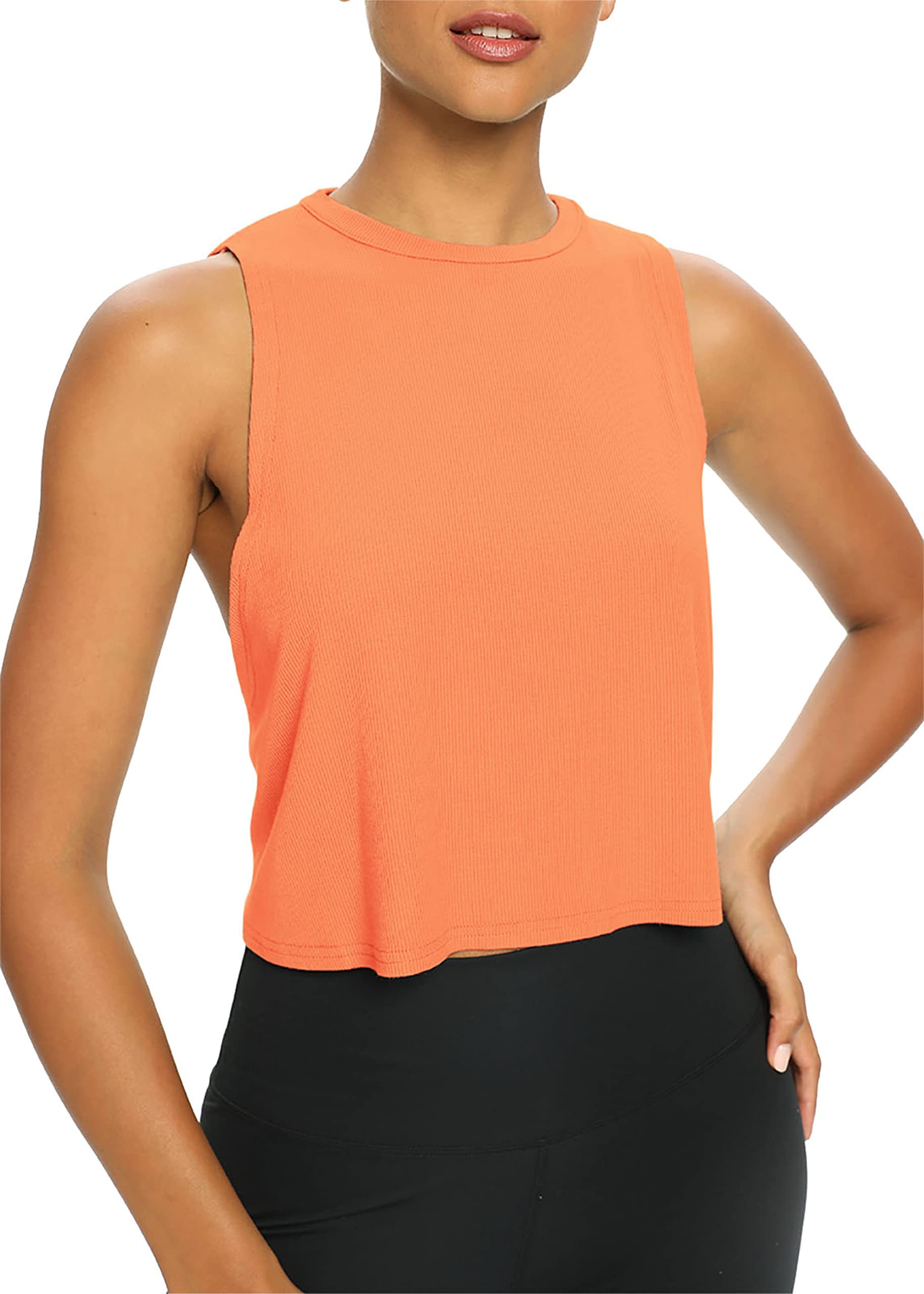 Bestisun Damskie topy treningowe luźny krój, zwiewne, przycięte bezrękawniki, koszulki sportowe z odkrytymi plecami, krótkie topy dla kobiet, pomarańczowy, XL