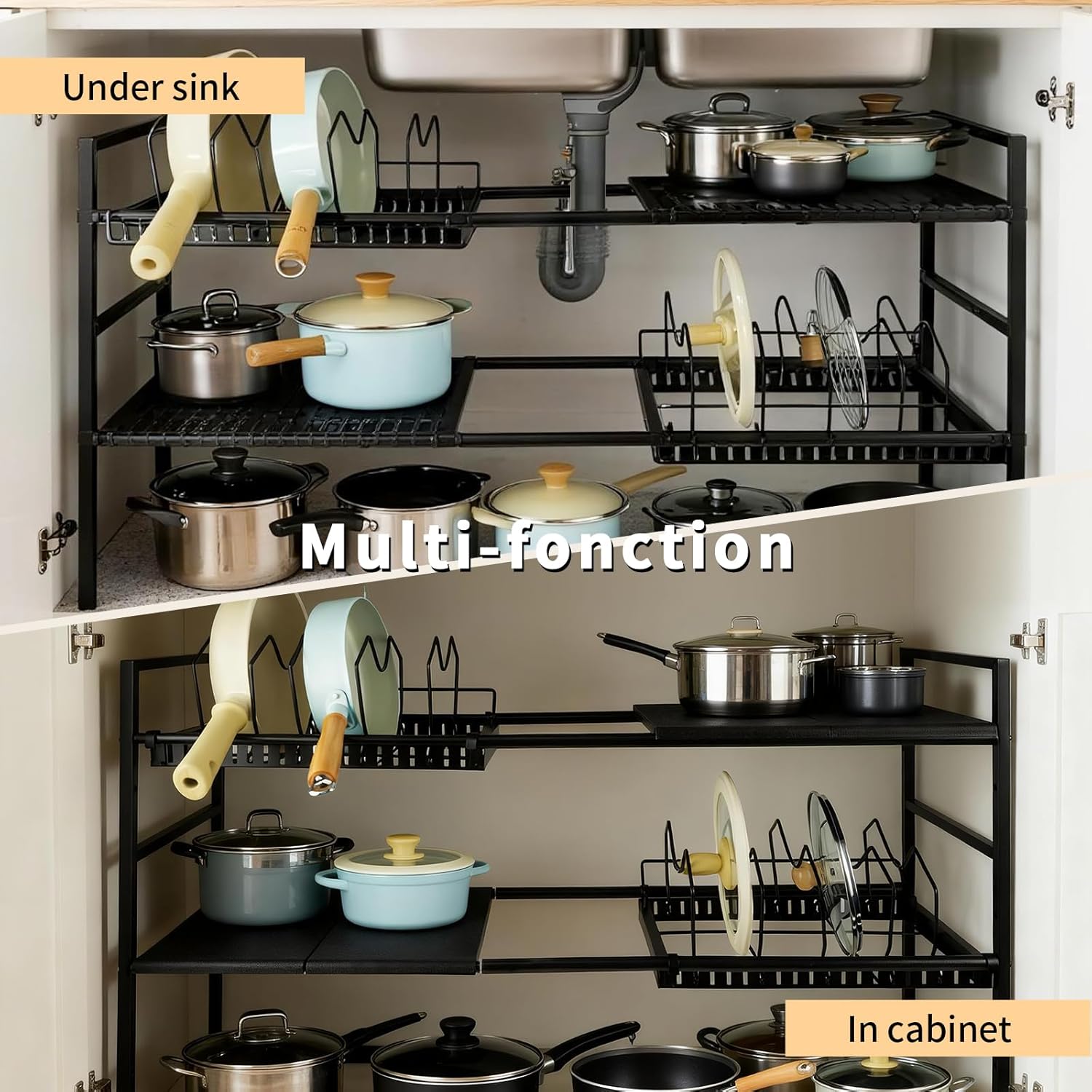 Pots and Pans Organizer Under Cabinet, Expandable Length, Adjustable Height Under Sink Shelf 2 Tier with 10 Dividers Under Cabinet Shelf, Pot and Pan Lid Holder Rack (Black)