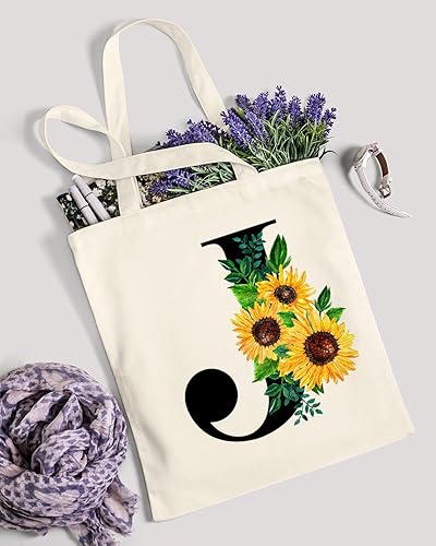 Miniatura 7 de AUSVKAI Bonita bolsa de lona con inicial de girasol para mujer, Initial J