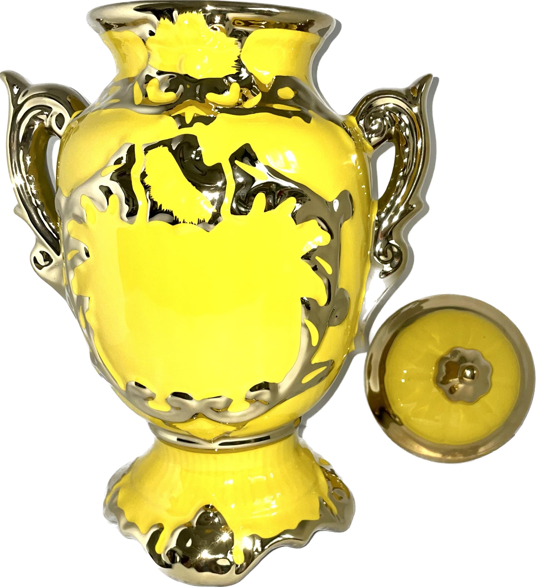 Botanica la Marina Sopera de porcelana para Ochun amarilla con acentos dorados en forma de trofeo con capacidad de 4 litros