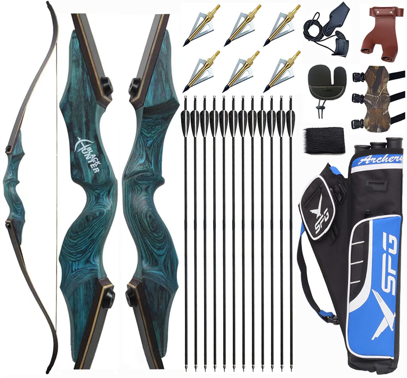 Vogbel 60'' Archery Bow and Arrows Set for Adults Black Hunter Takedown Recurve Bow Survival Bow Hunting Longbow Bamboo Core Limbs Right Handed Shooters Target Shooting Practice, Blue