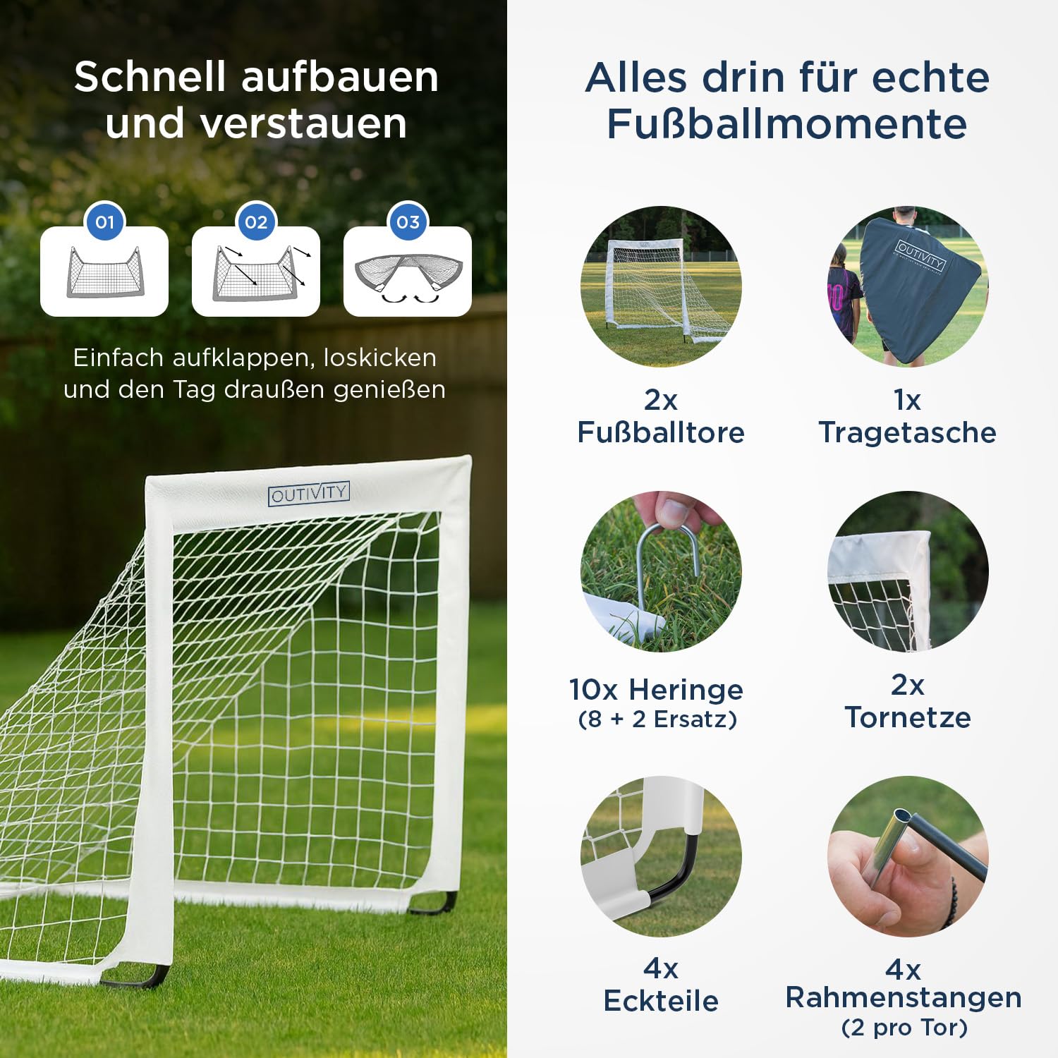 Fußballtor für Kinder 2er Set weiß, ohne Stolperfalle, je 120x90cm, inkl. 8+2 Heringen und Tragetasche, pop-up Fussballtore für Garten Kinder