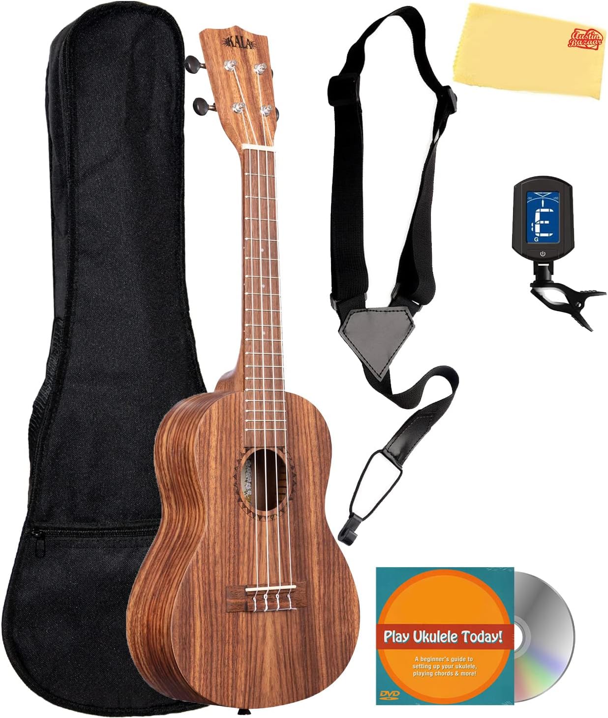 Kala KA-TEAK-C Teak Concert Ukulele with Gig Bag, Strap, Clip-on Tuner, Austin Bazaar Instructional DVD and Polishing cloth