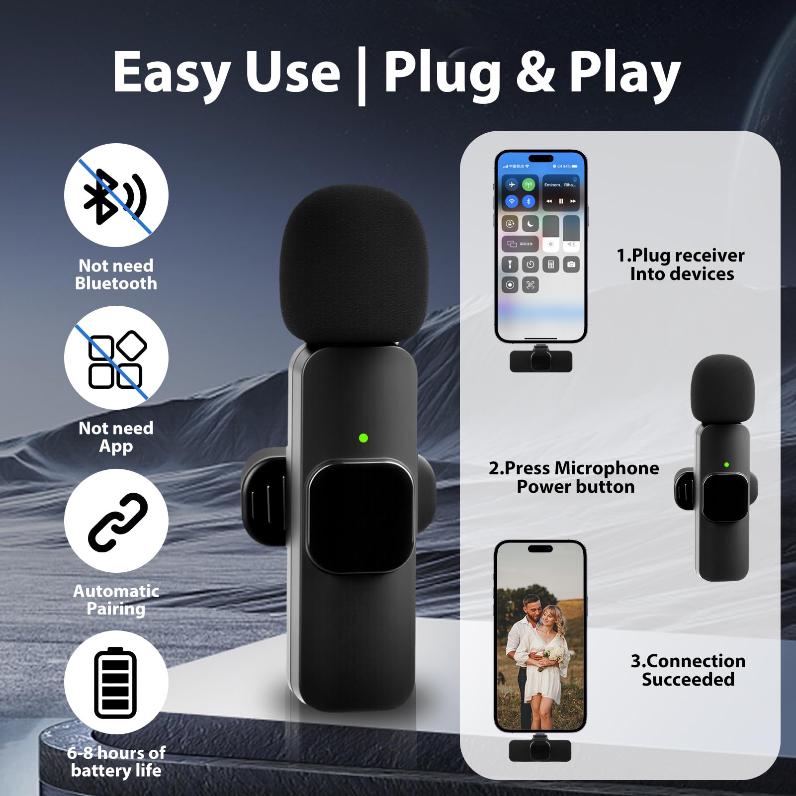 Micro Cravate sans Fil pour iPhone 17 16 15 Android et Ordinateur, Mini Micro Smartphone avec Réduction du Bruit, Microphone Bluetooth Clip-on Lavalier pour Enregistrement Vidéo/Vapeur en Direct